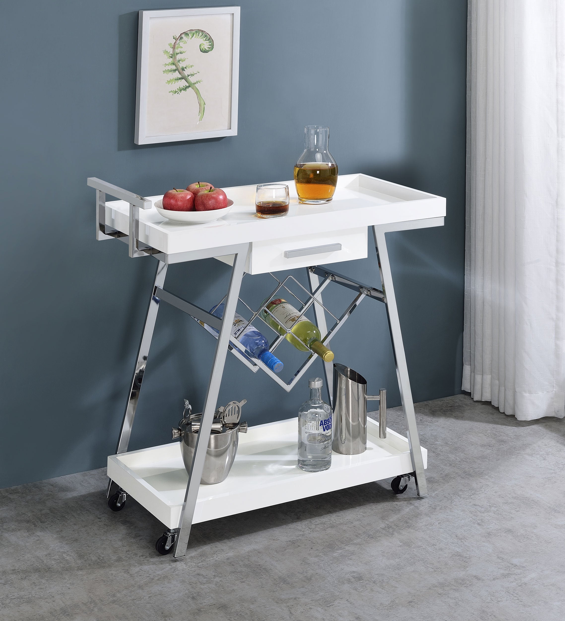 Coaster Kinney 2-tier Bar Cart with Storage Drawer White High Gloss and Chrome Grey