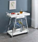 Coaster Kinney 2-tier Bar Cart with Storage Drawer White High Gloss and Chrome Grey