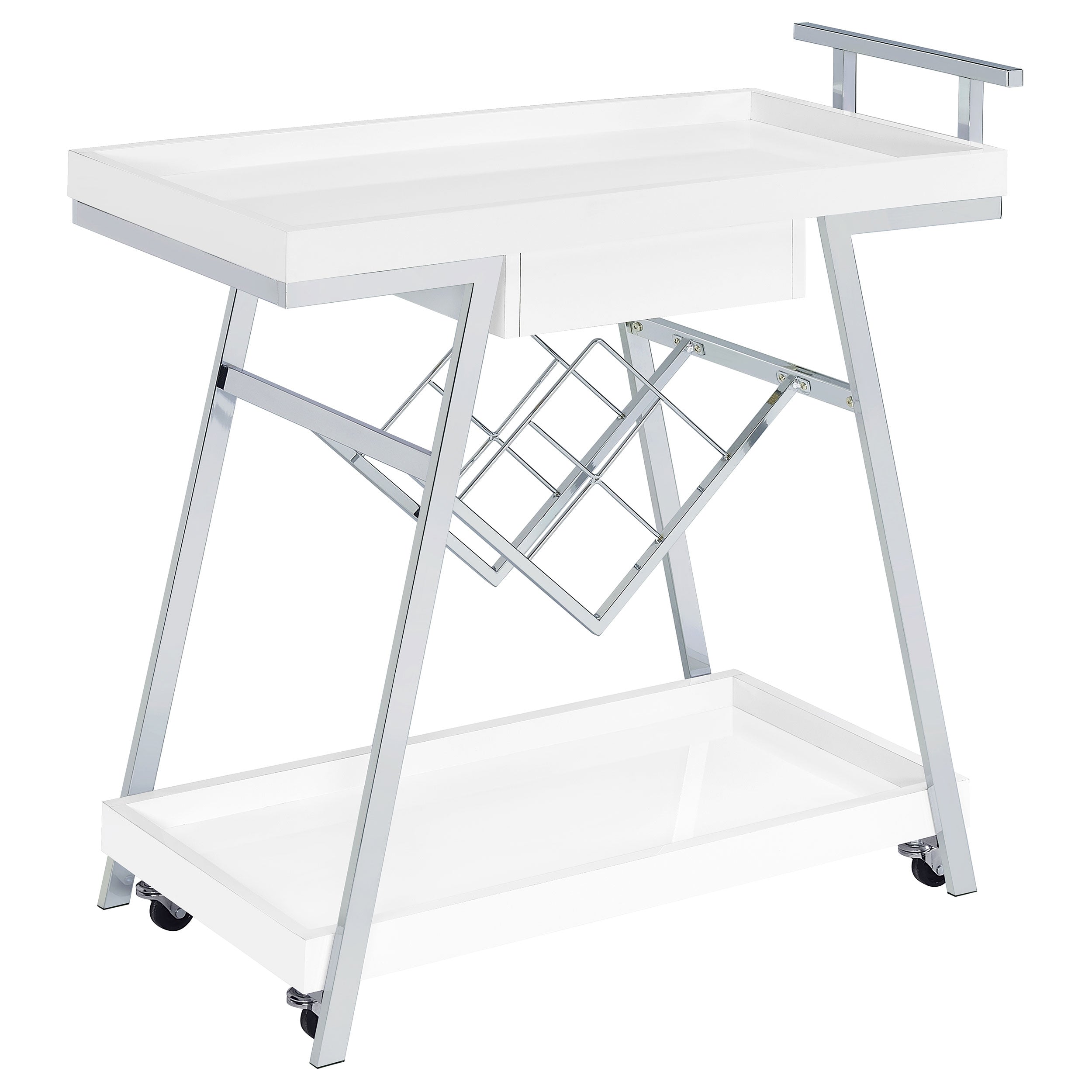 Coaster Kinney 2-tier Bar Cart with Storage Drawer White High Gloss and Chrome Grey