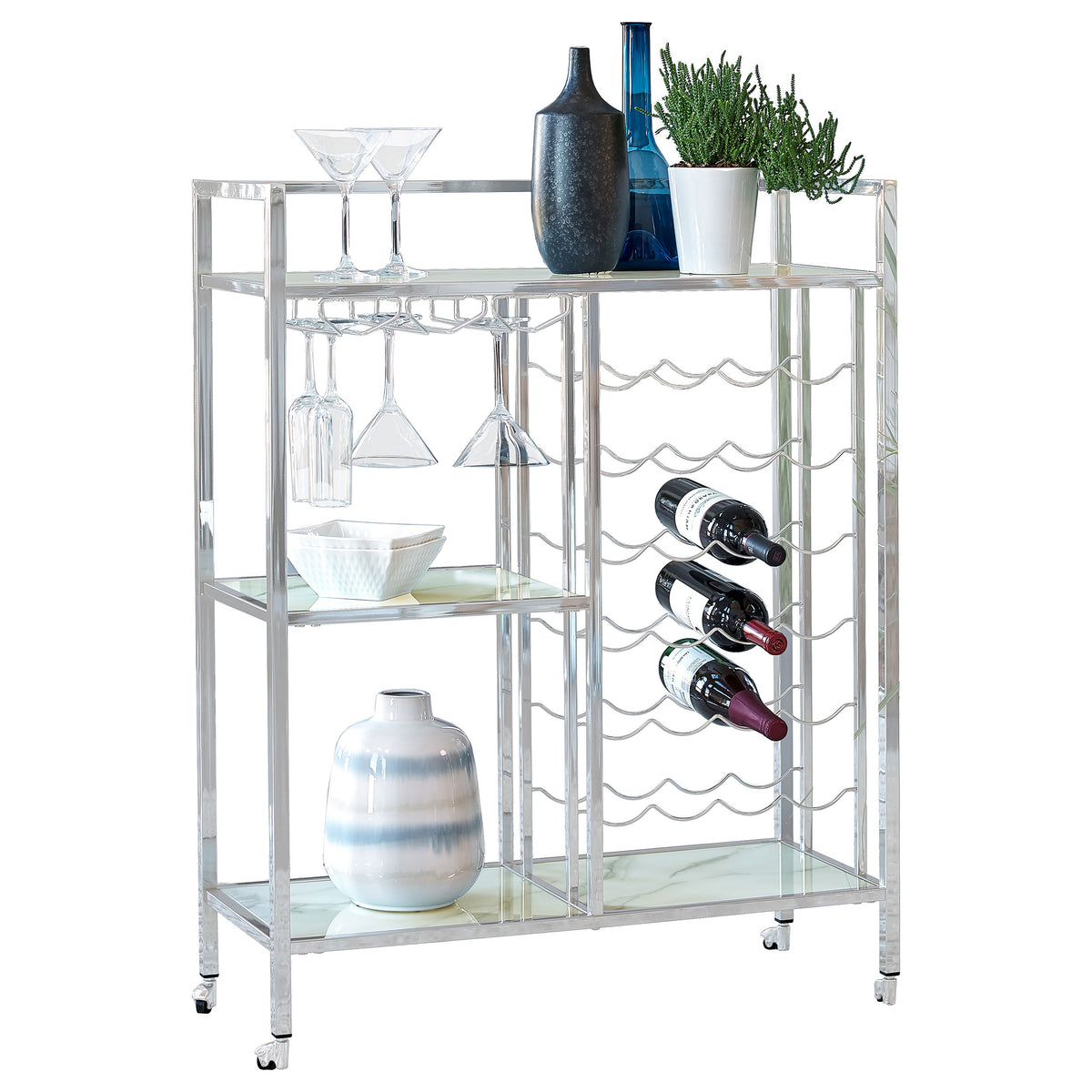 Coaster Derion Glass Shelf Serving Cart with Casters Chrome Default Title