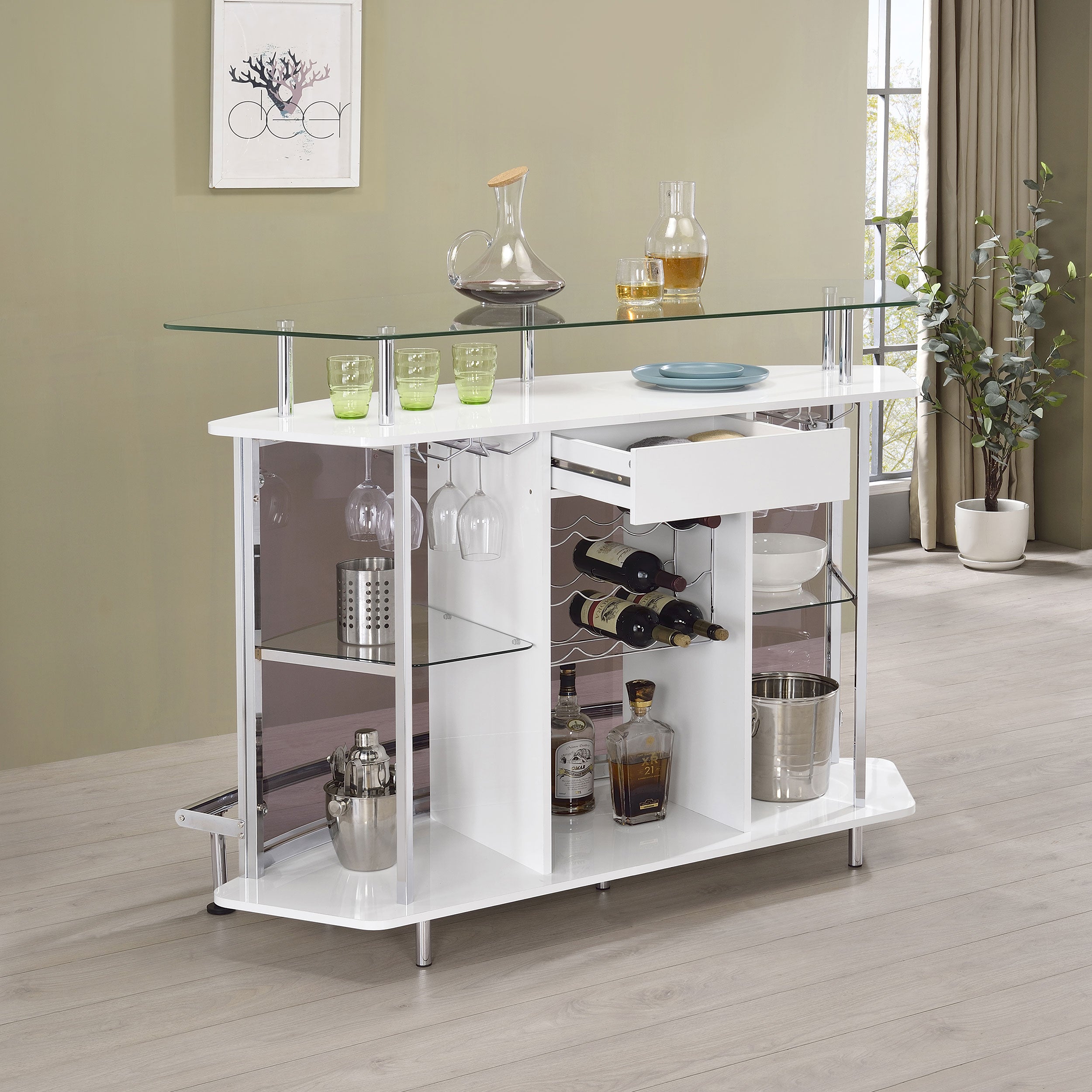 Coaster Gideon Crescent Shaped Glass Top Bar Unit with Drawer Grey