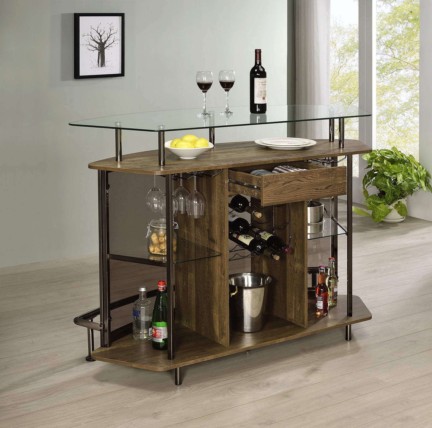 Coaster Gideon Crescent Shaped Glass Top Bar Unit with Drawer Grey