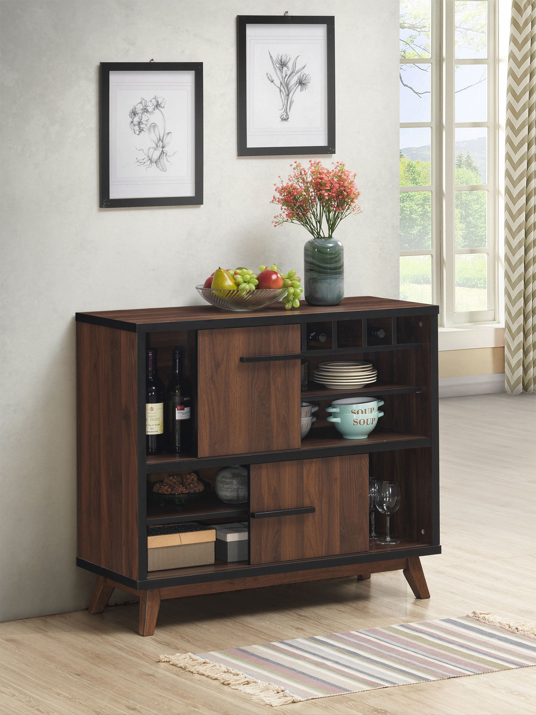 Coaster Ezekiel Wine Cabinet with 2 Sliding Doors Walnut and Black Default Title