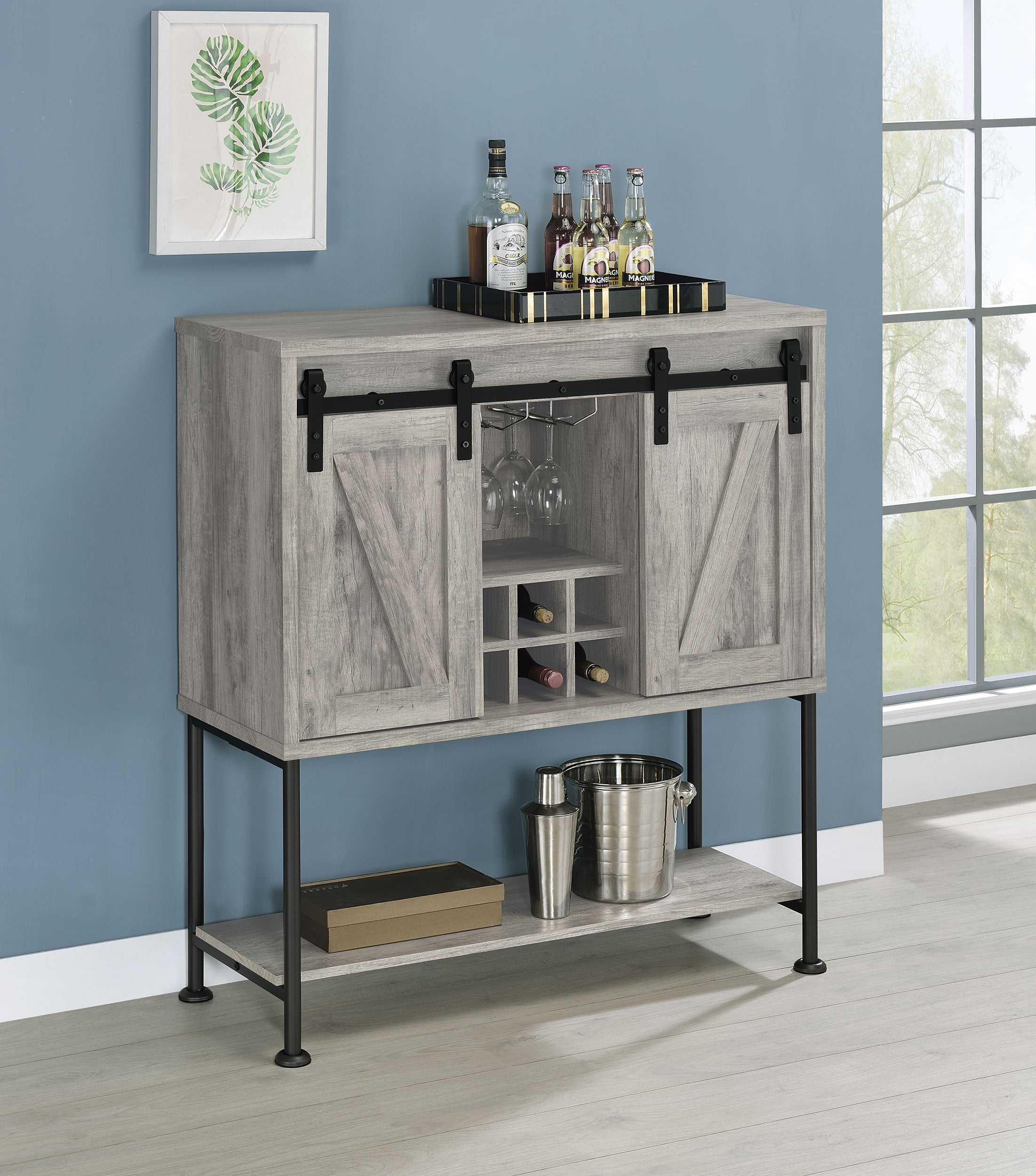 Coaster Claremont Sliding Door Bar Cabinet with Lower Shelf Grey Driftwood Default Title