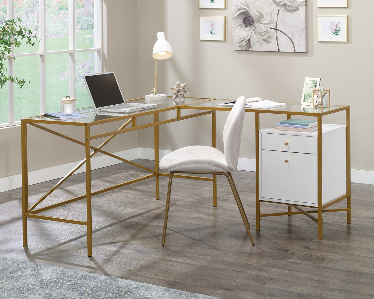 Harper Heights Glass Top L-Shaped Desk in White