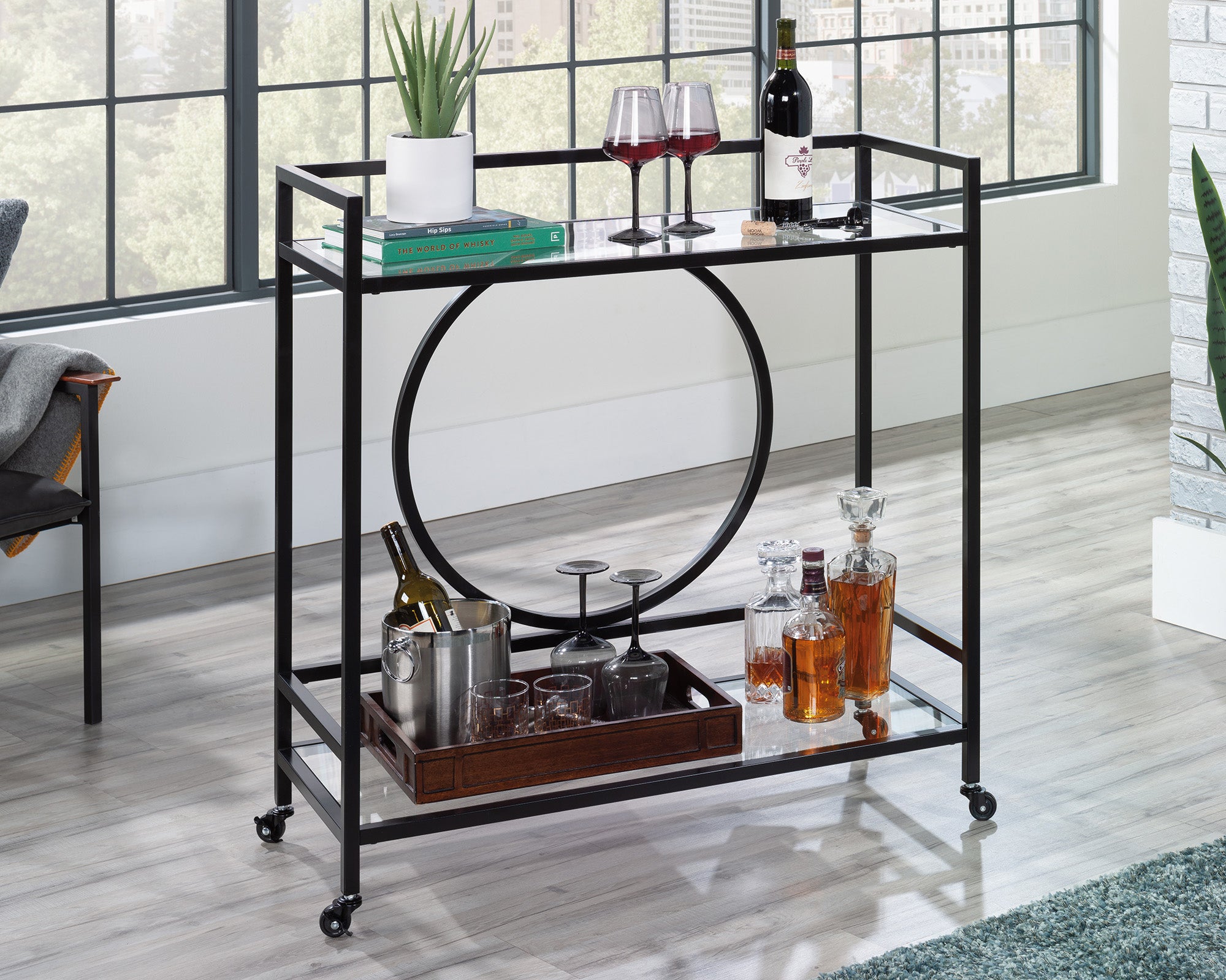 International Lux Rolling Glass & Metal Bar Cart in Black