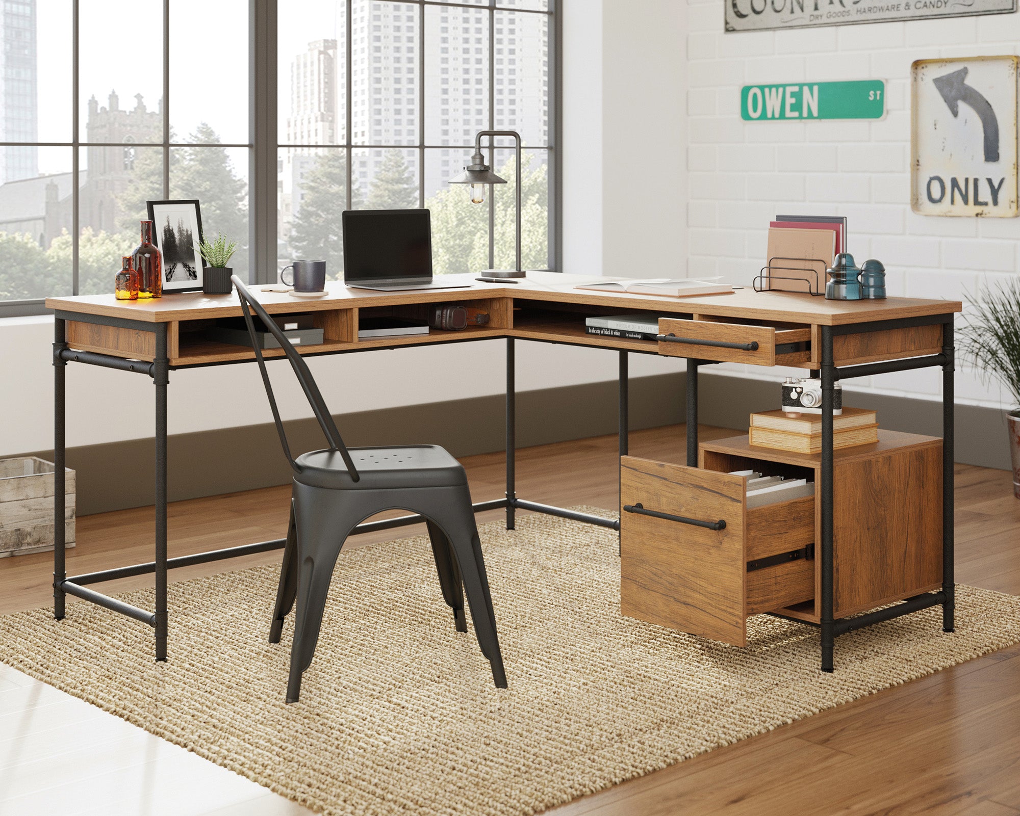 Iron City  L-Shaped Home Office Desk in Checked Oak