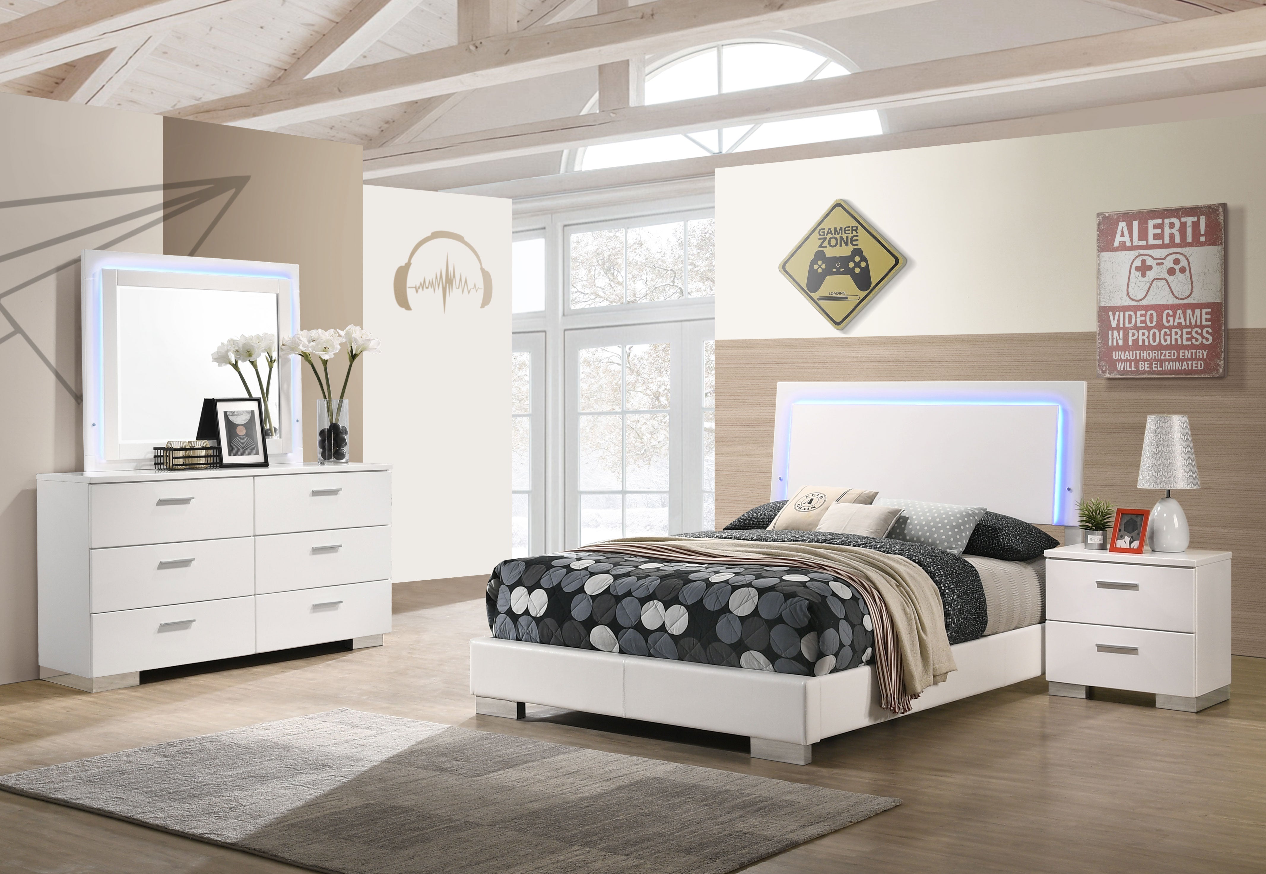 Coaster Felicity Bedroom Set with LED Headboard and Mirror Glossy White Full Set of 4