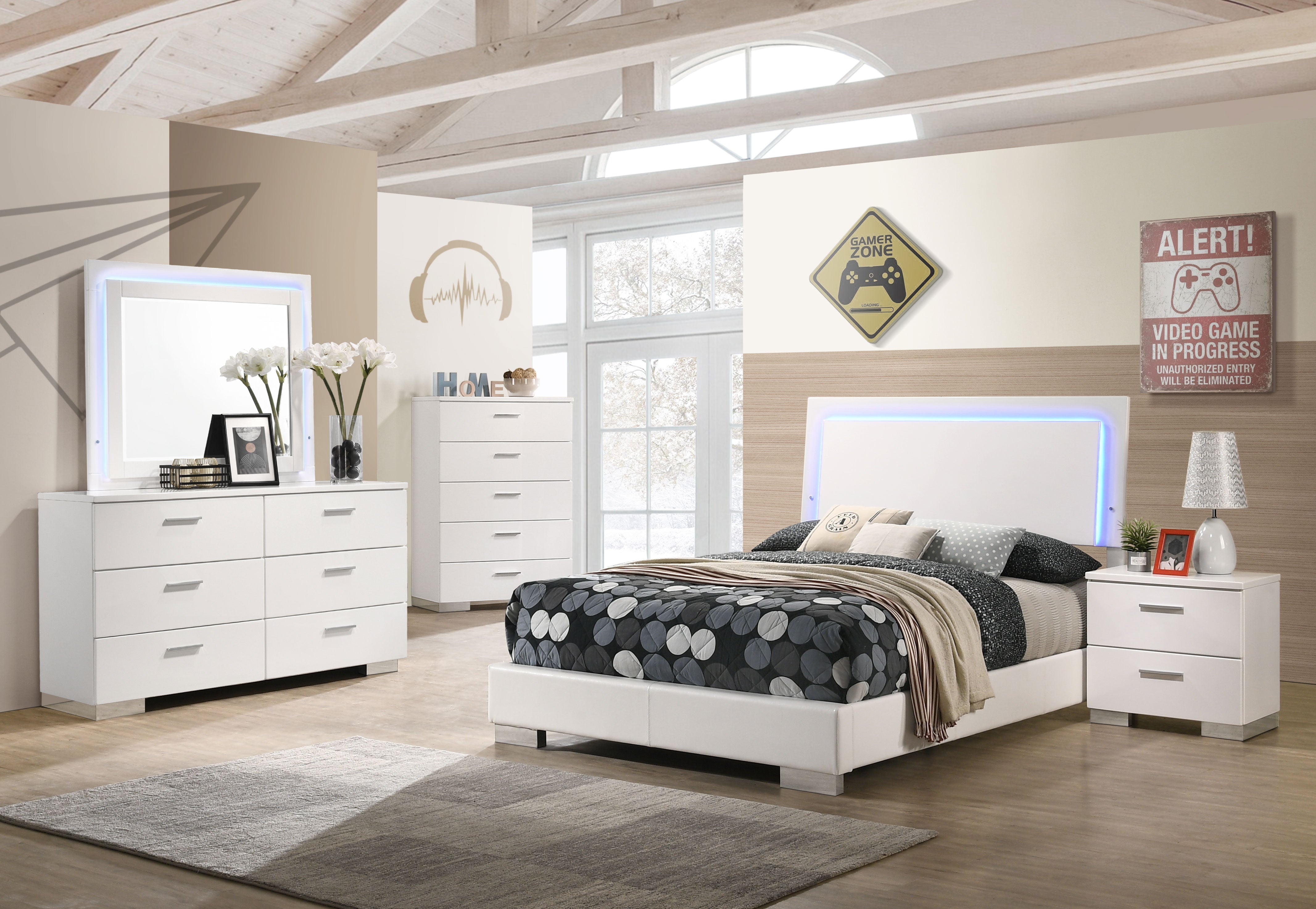 Coaster Felicity Bedroom Set with LED Headboard and Mirror Glossy White Full Set of 5