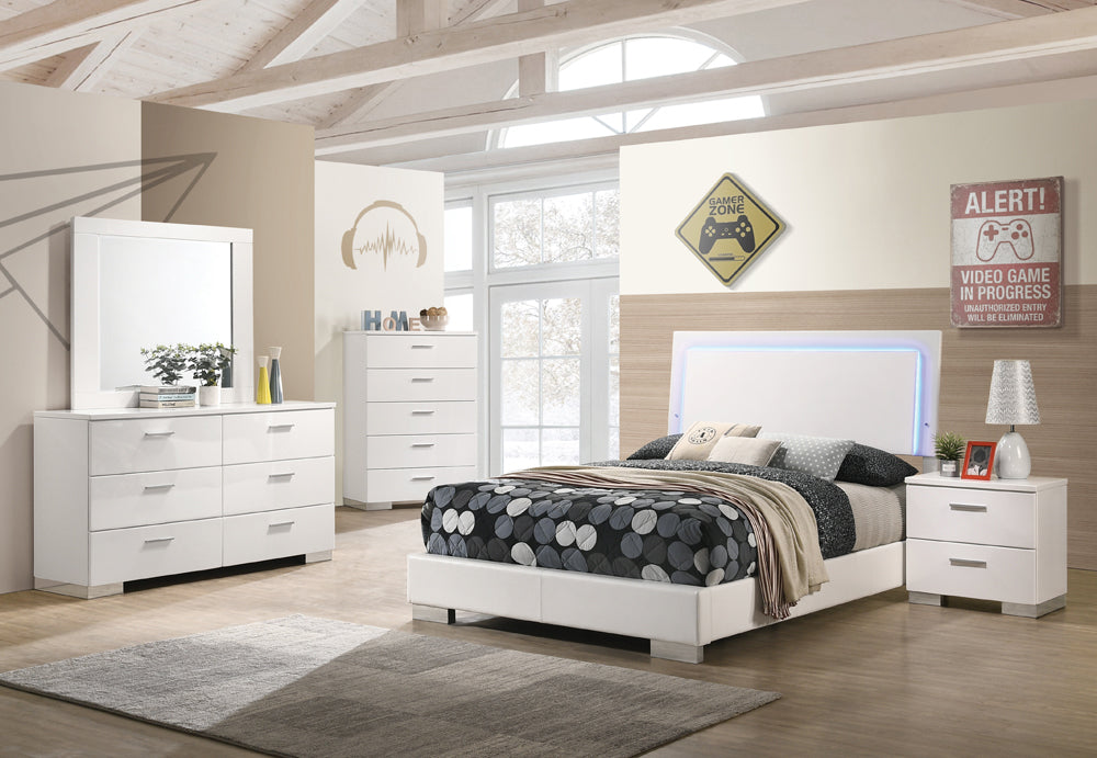 Coaster Felicity Bedroom Set with LED Headboard Glossy White Full Set of 5