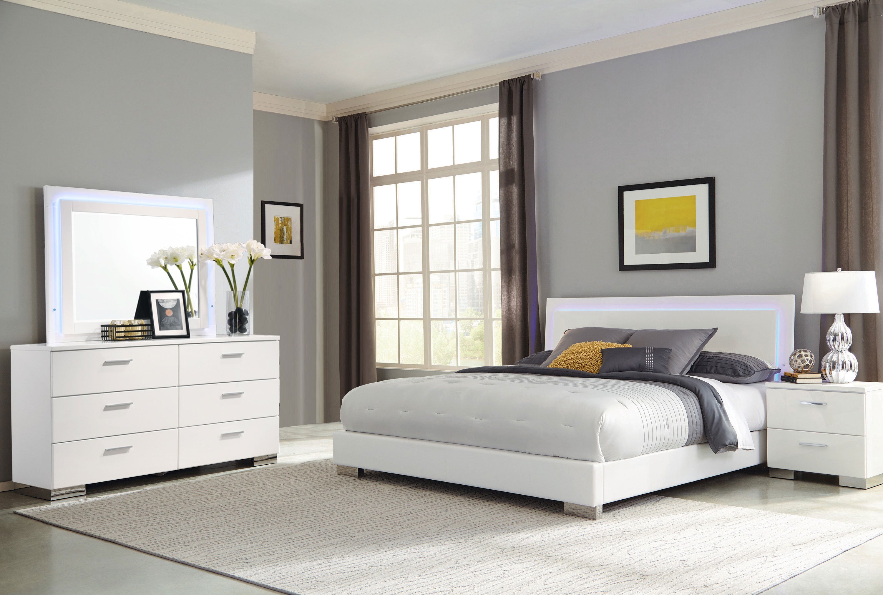 Coaster Felicity Bedroom Set with LED Headboard and Mirror Glossy White Eastern King Set of 4