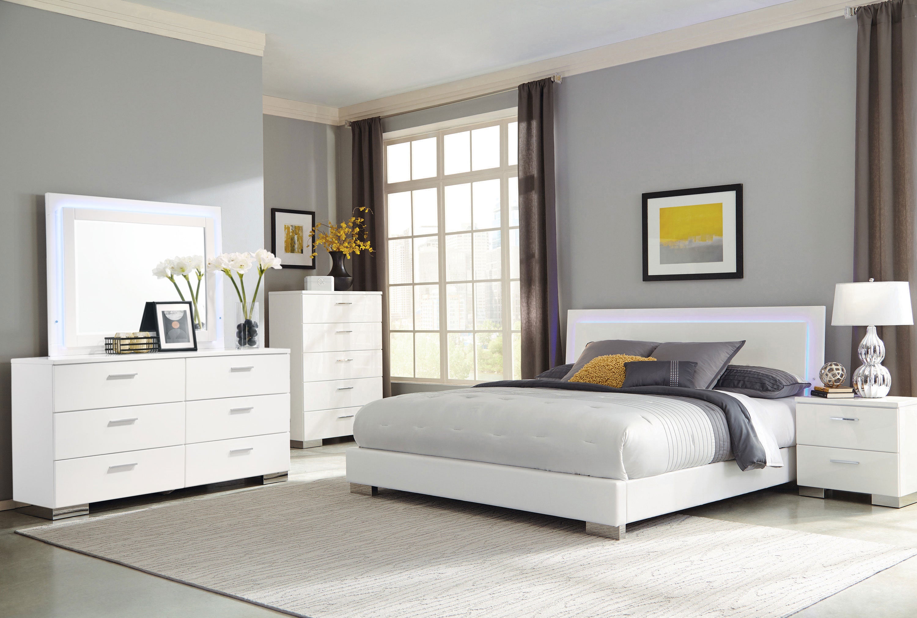 Coaster Felicity Bedroom Set with LED Headboard and Mirror Glossy White Eastern King Set of 5