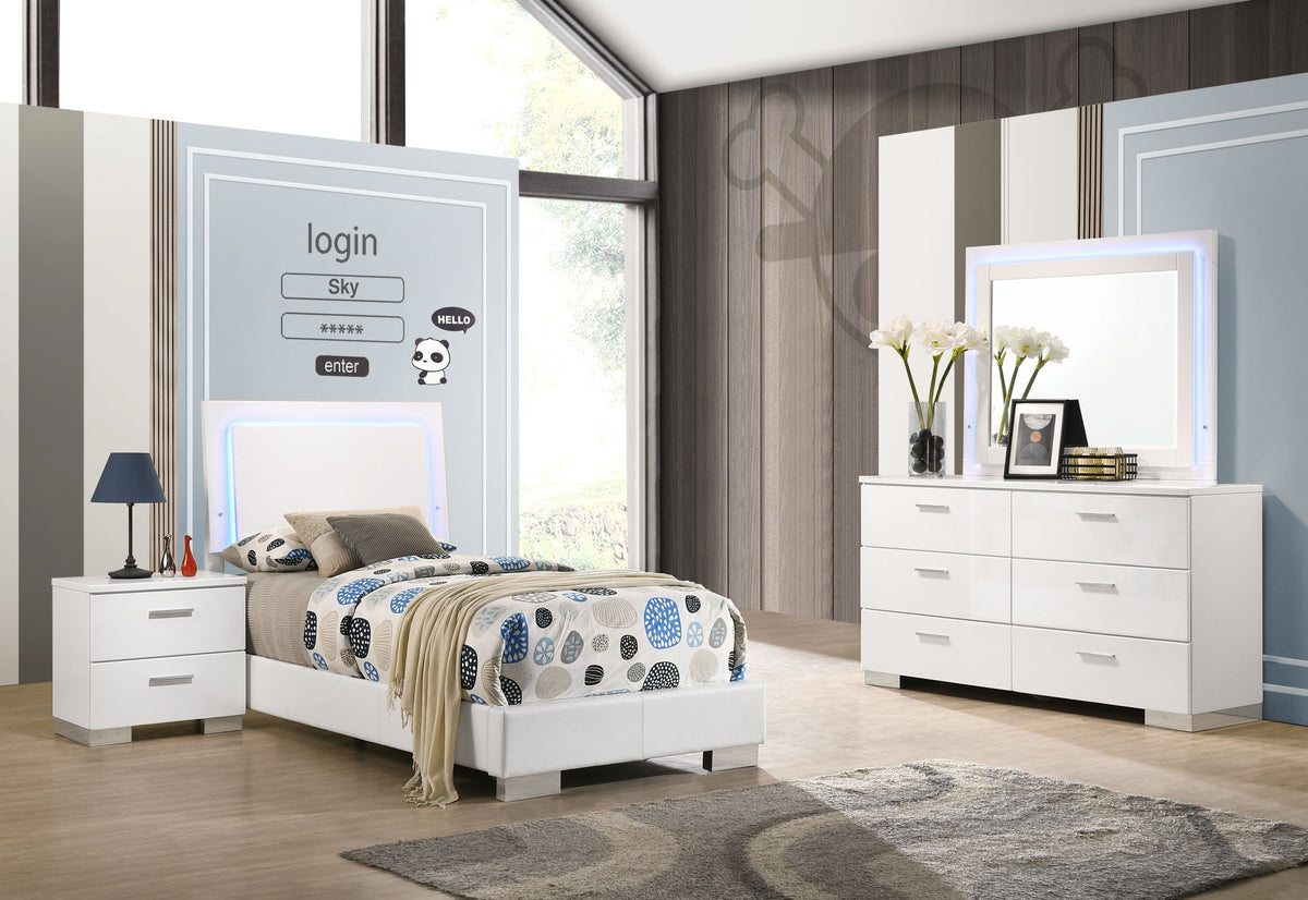 Coaster Felicity Bedroom Set with LED Headboard and Mirror Glossy White Twin Set of 4