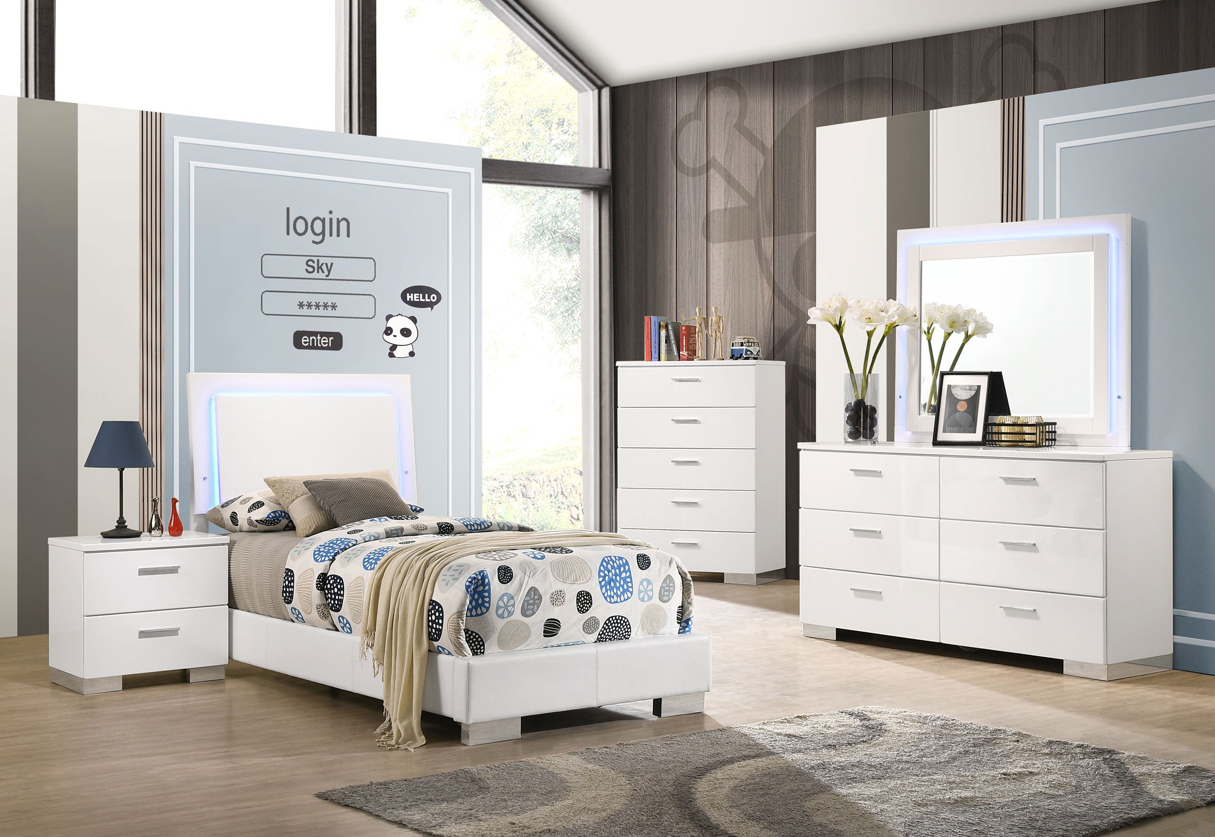 Coaster Felicity Bedroom Set with LED Headboard and Mirror Glossy White Twin Set of 5