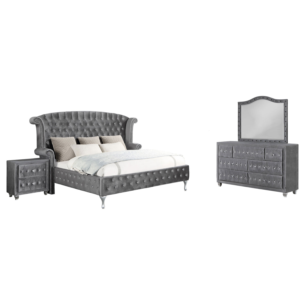 Coaster Deanna Upholstered Tufted Bedroom Set Grey Eastern King Set of 4