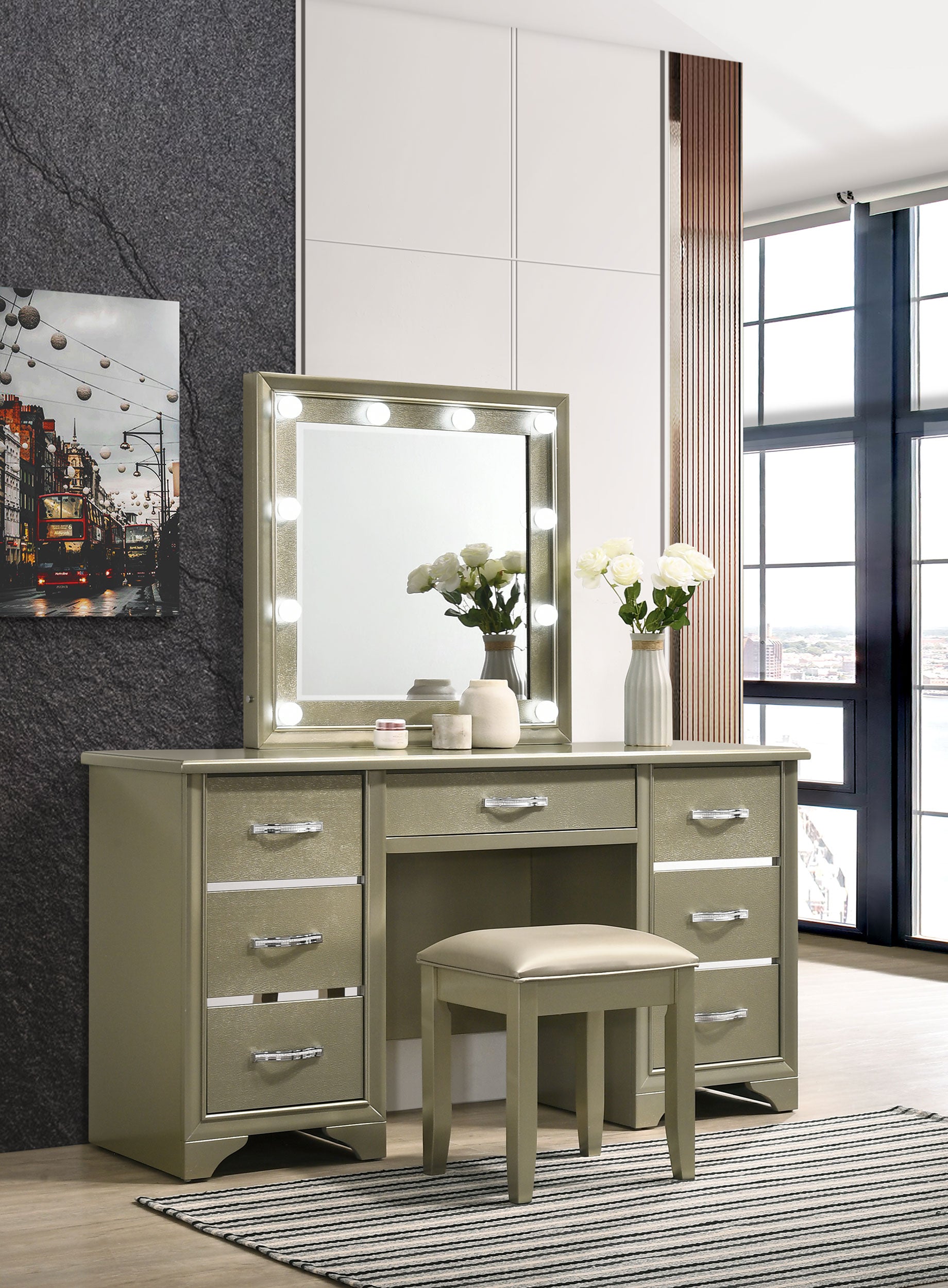 Coaster Beaumont 7-drawer Vanity Desk with Lighting Mirror Champagne Default Title