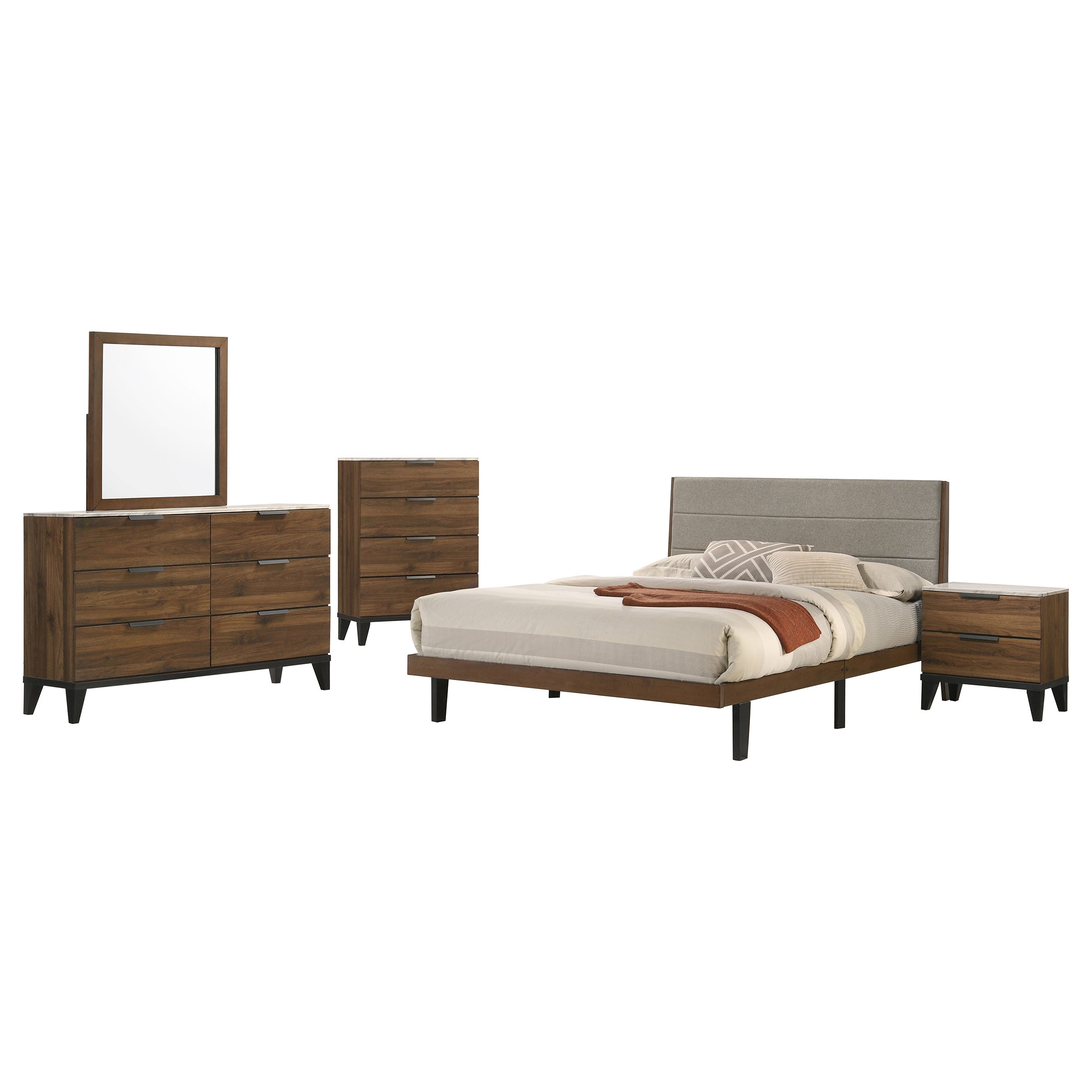 Coaster Mays Upholstered Bedroom Set Walnut Brown and Grey Eastern King Set of 5