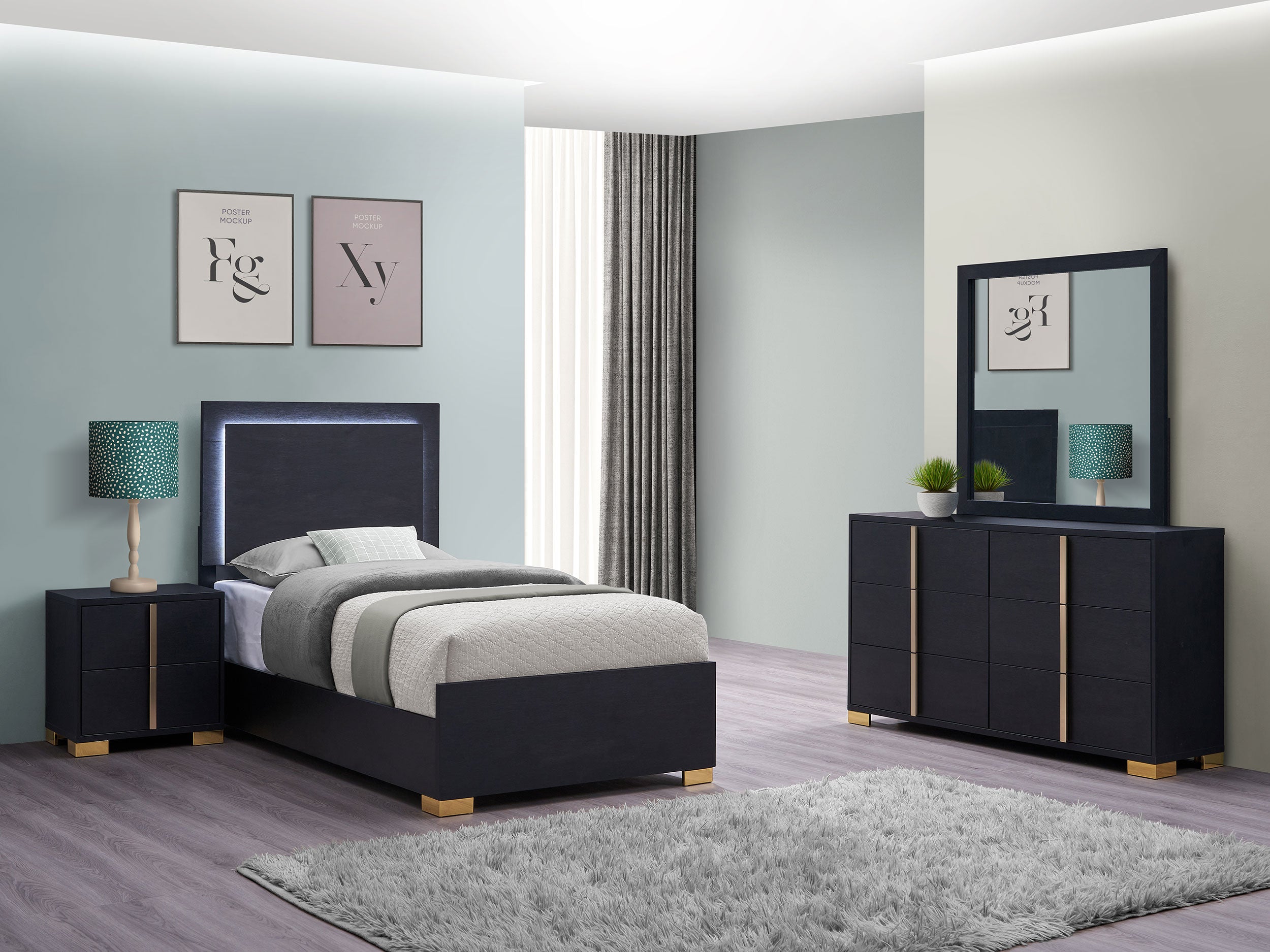 Coaster Marceline Bedroom Set with LED Headboard Black Twin Set of 4