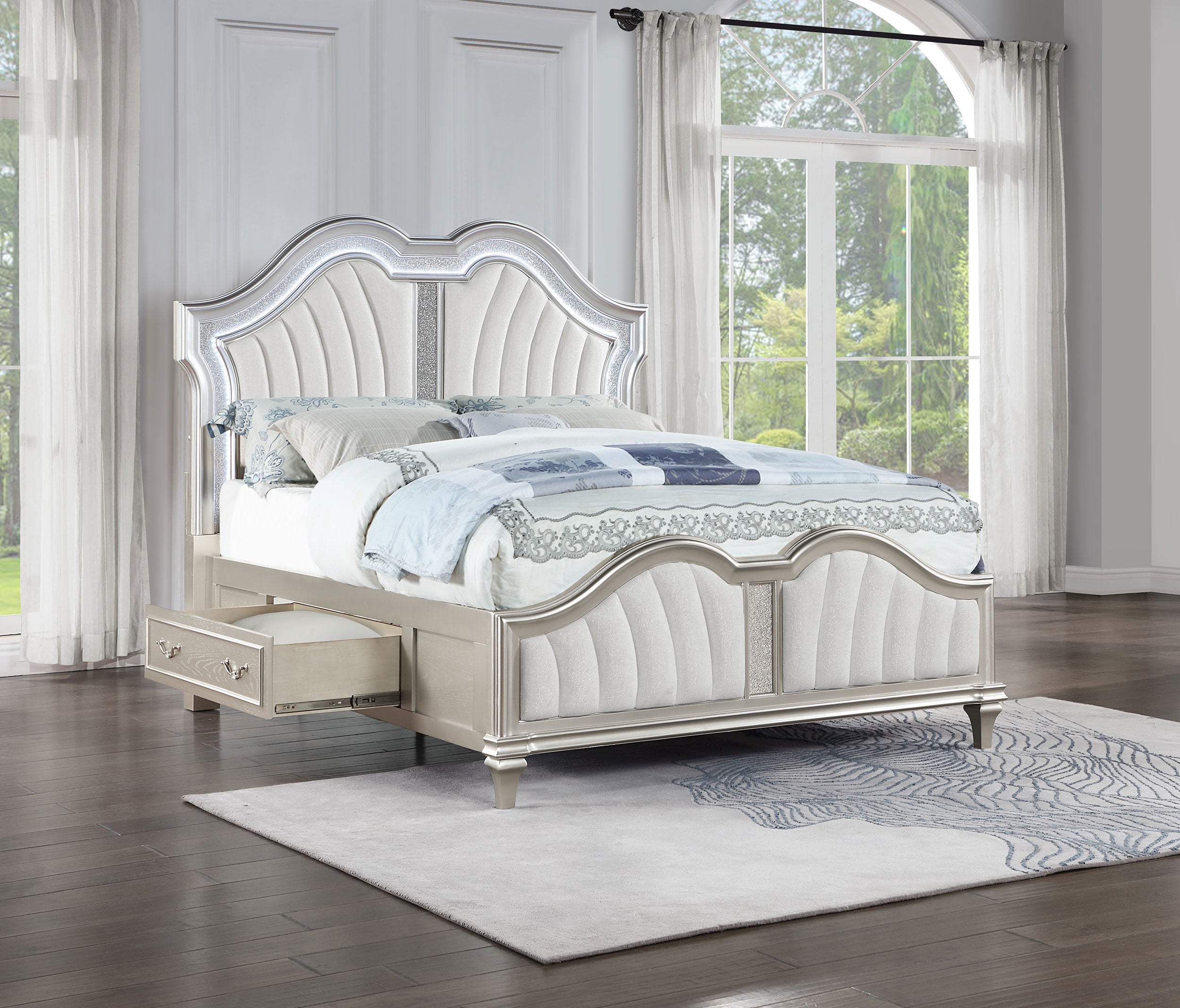 Coaster Evangeline Storage Bed with LED Headboard Silver Oak and Ivory Cal King