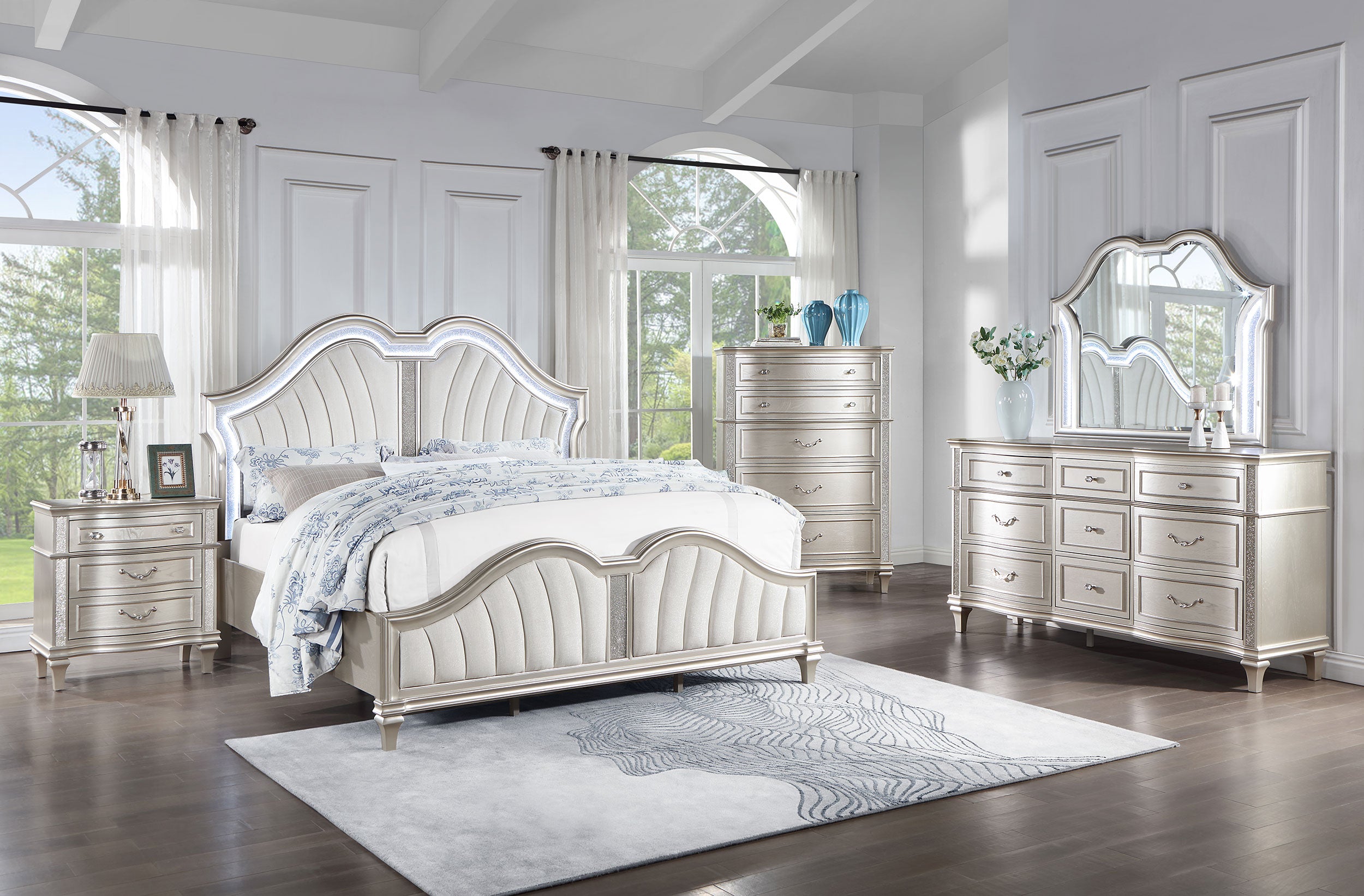 Coaster Evangeline Upholstered Platform Bedroom Set Ivory and Silver Oak Cal King Set of 5