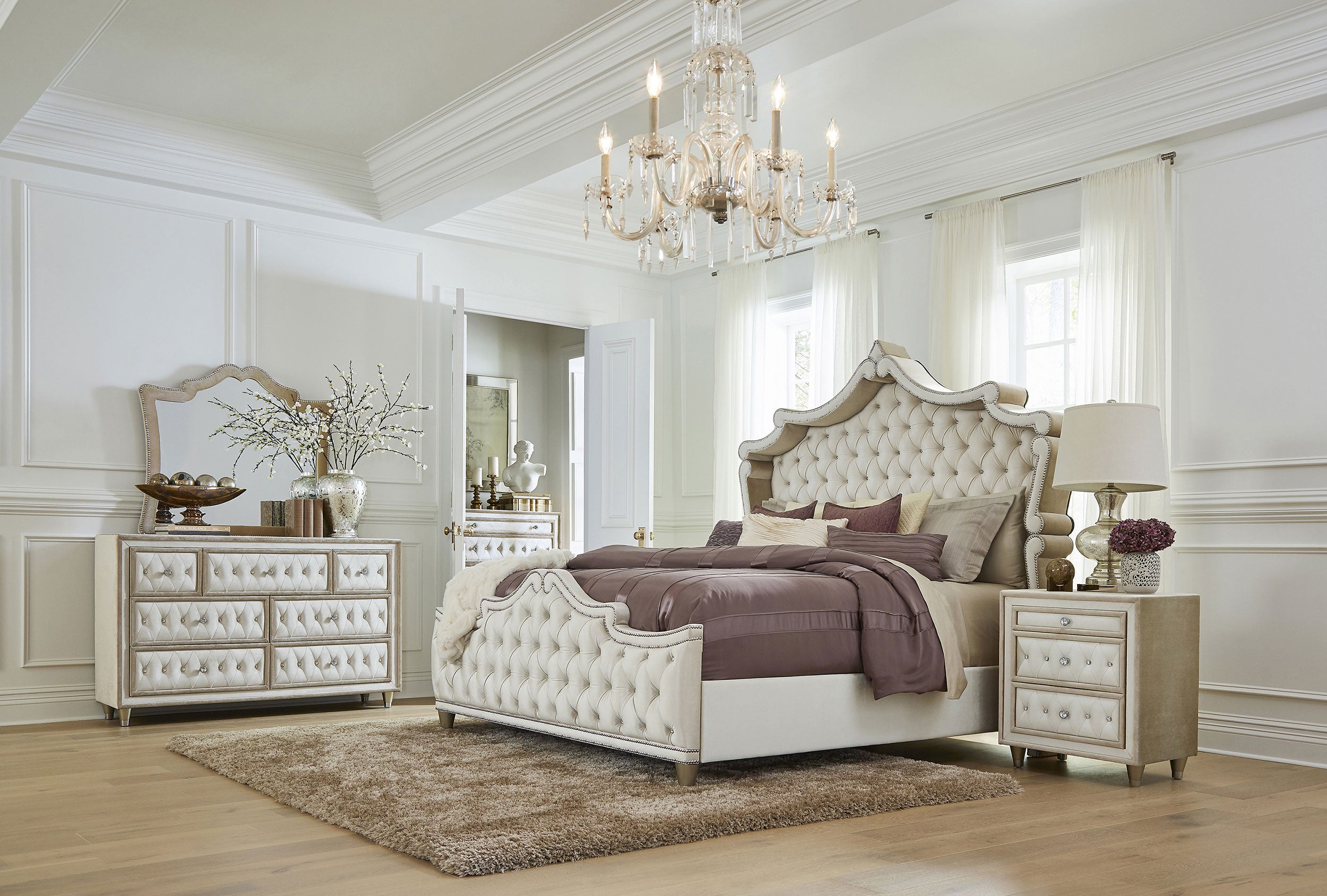 Coaster Antonella Upholstered Tufted Bedroom Set Ivory and Camel Cal King Set of 5