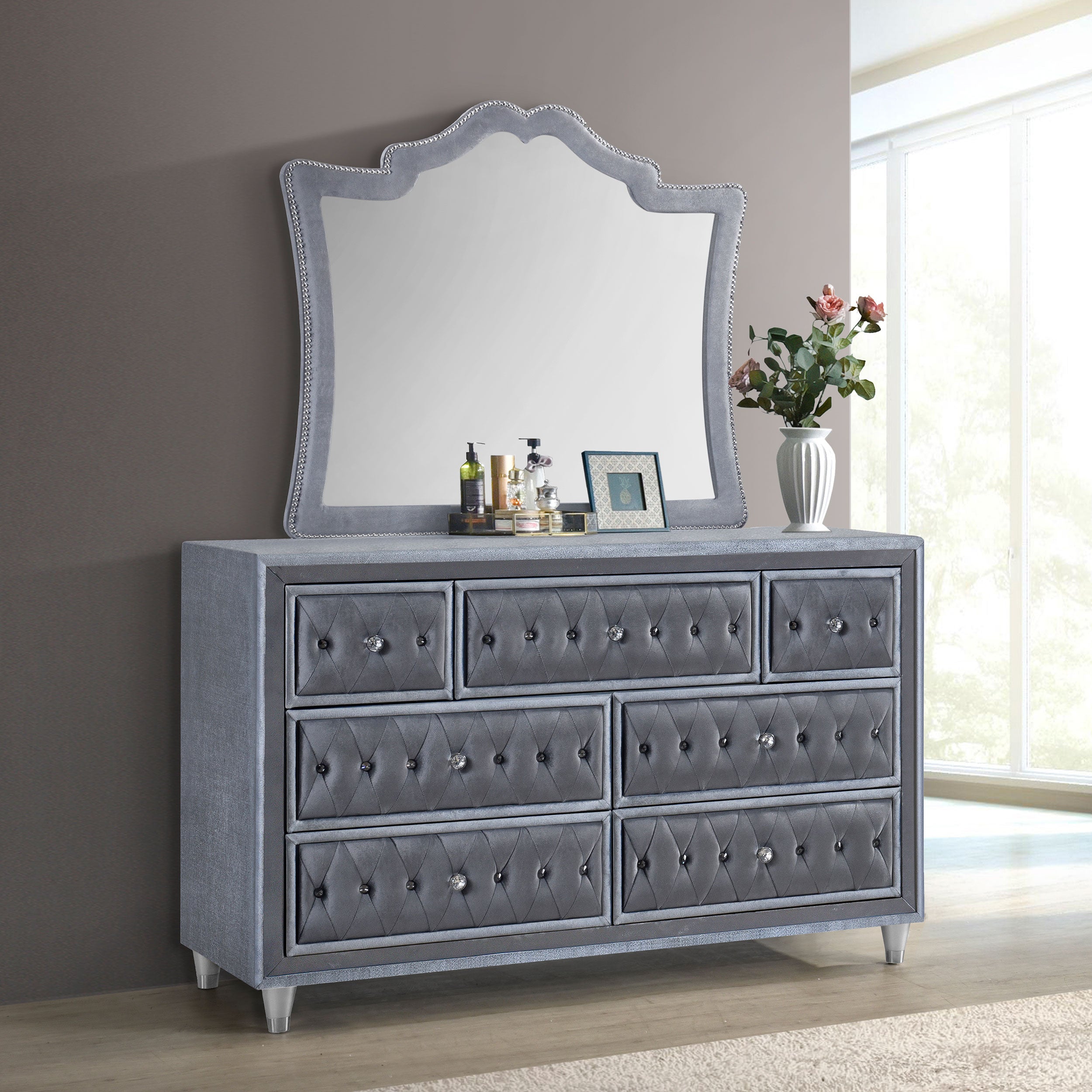 Coaster Antonella 7-drawer Upholstered Dresser with Mirror Grey No Mirror