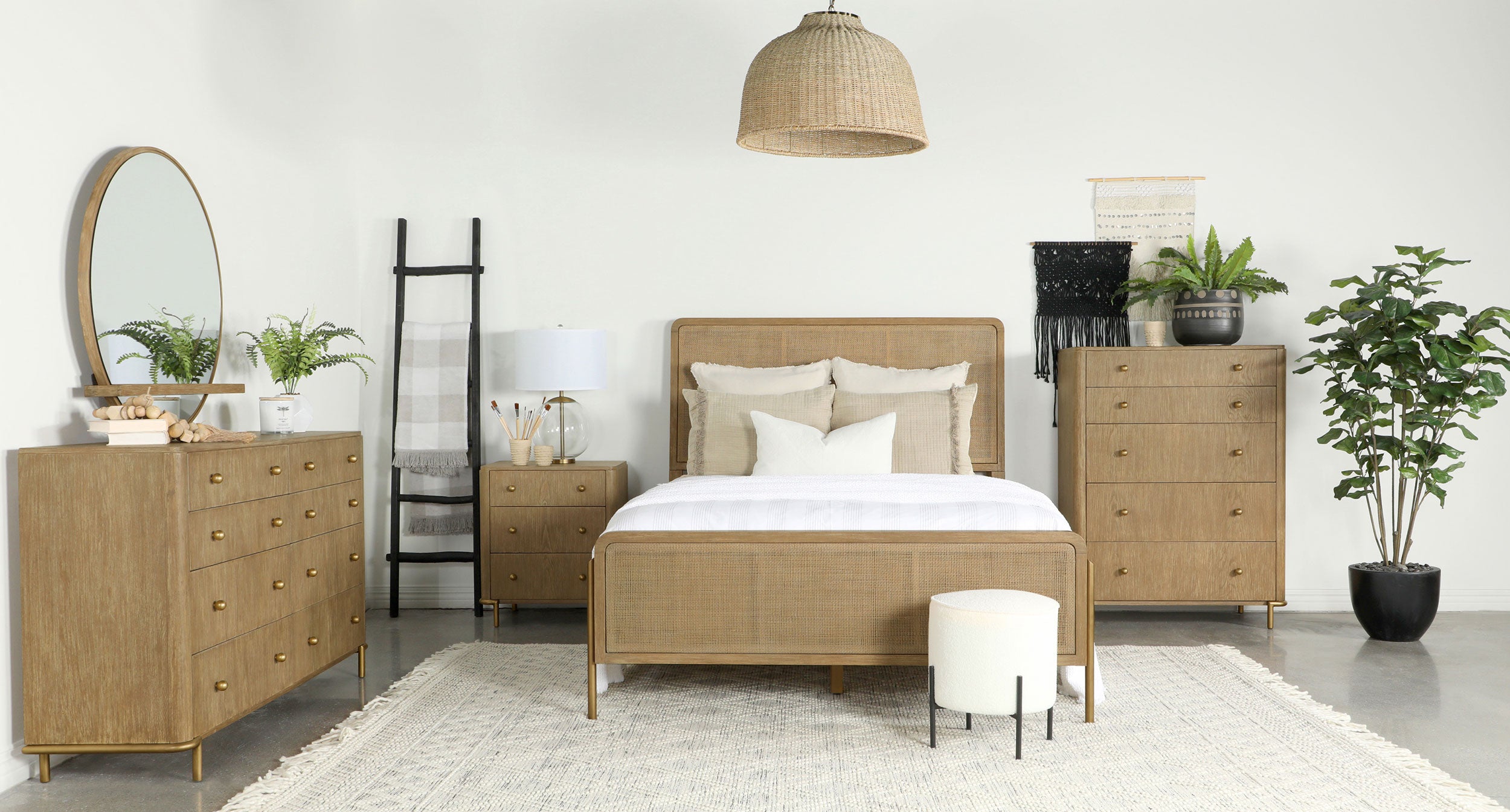 Coaster Arini Upholstered Panel Bed Sand Wash and Natural Cane King