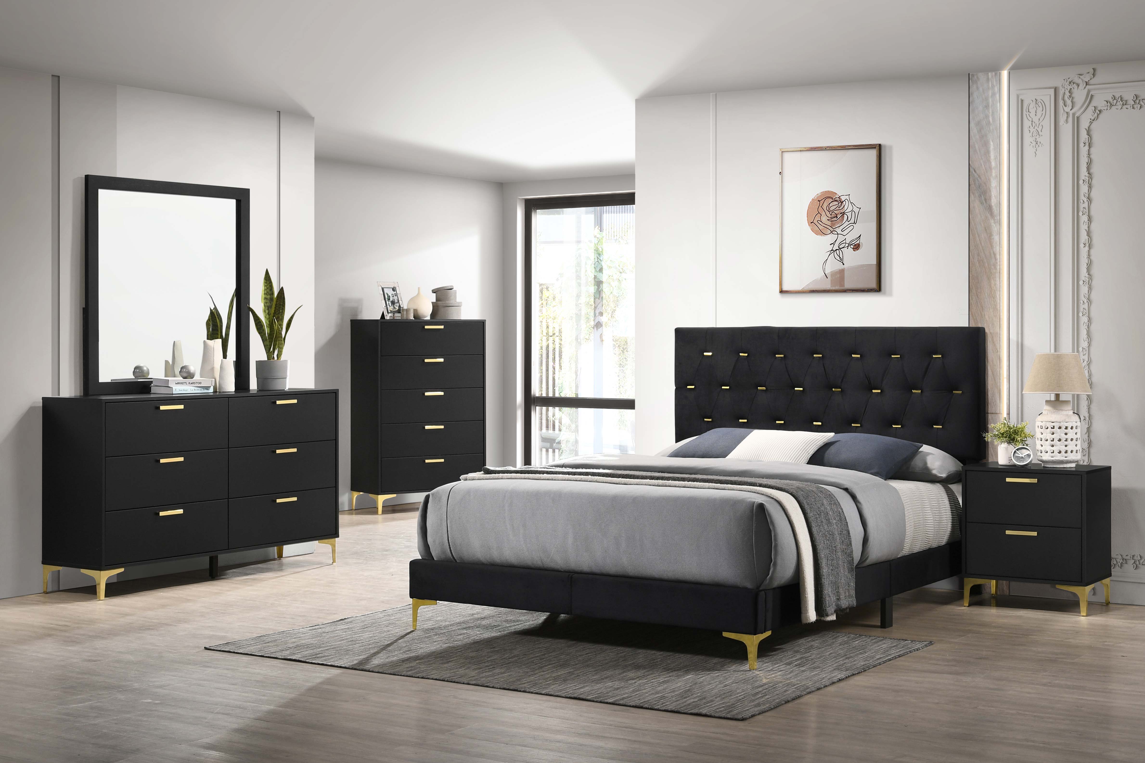 Coaster Kendall Tufted Panel Bed Black and Gold Cal King