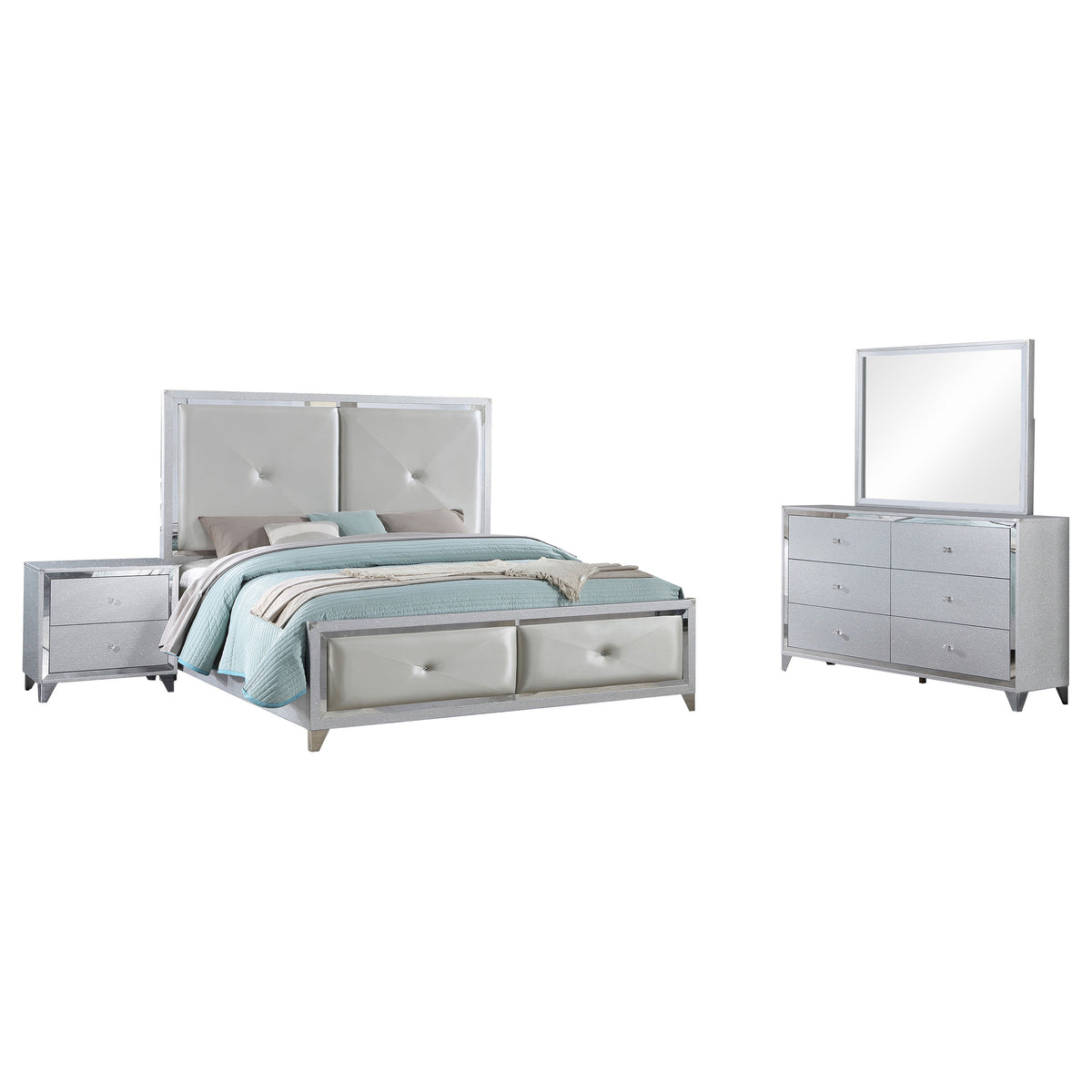 Coaster Larue Tufted Bedroom Set Silver Eastern King Set of 4