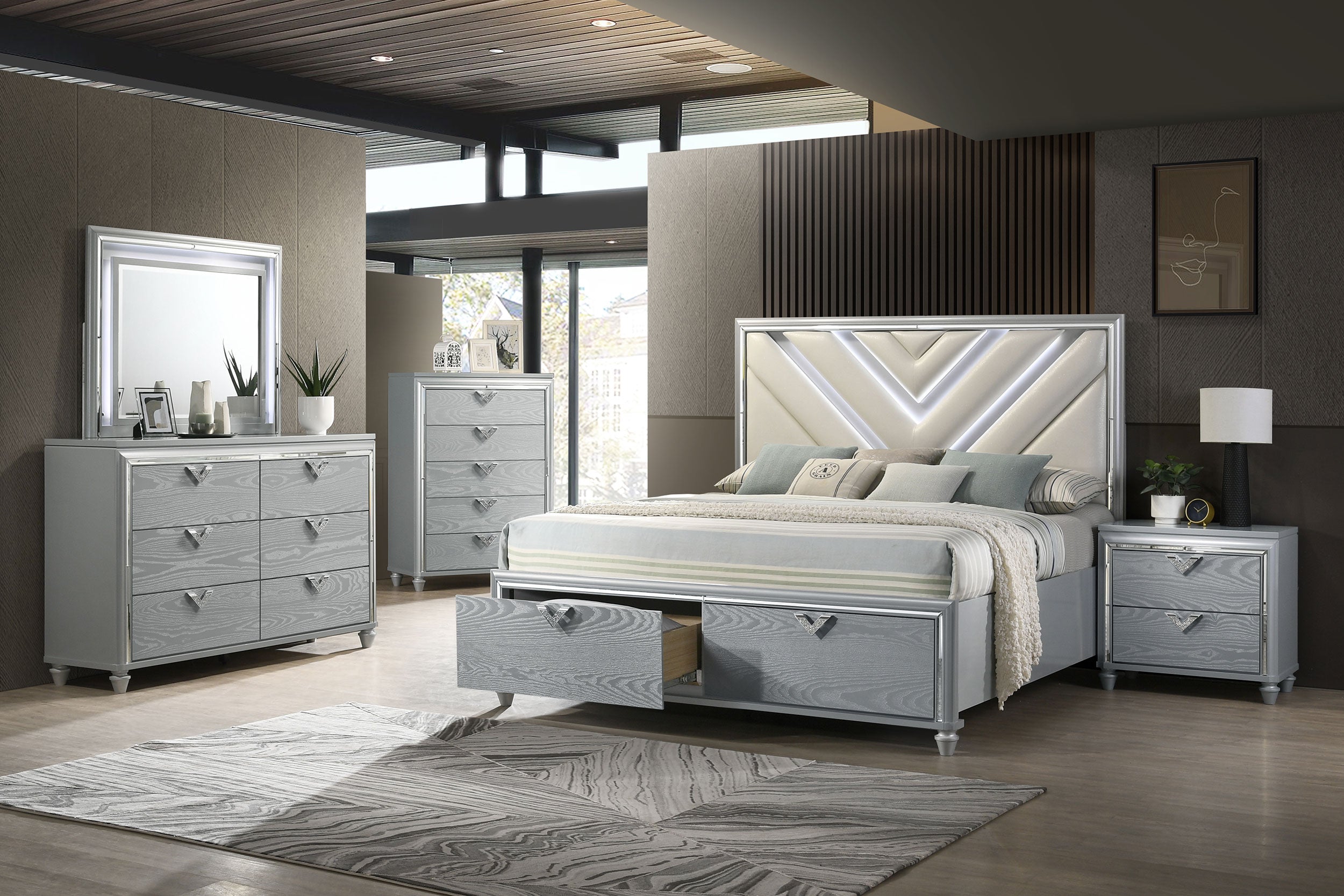 Coaster Veronica Platform Storage Bed with Upholstered LED Headboard Light Silver King