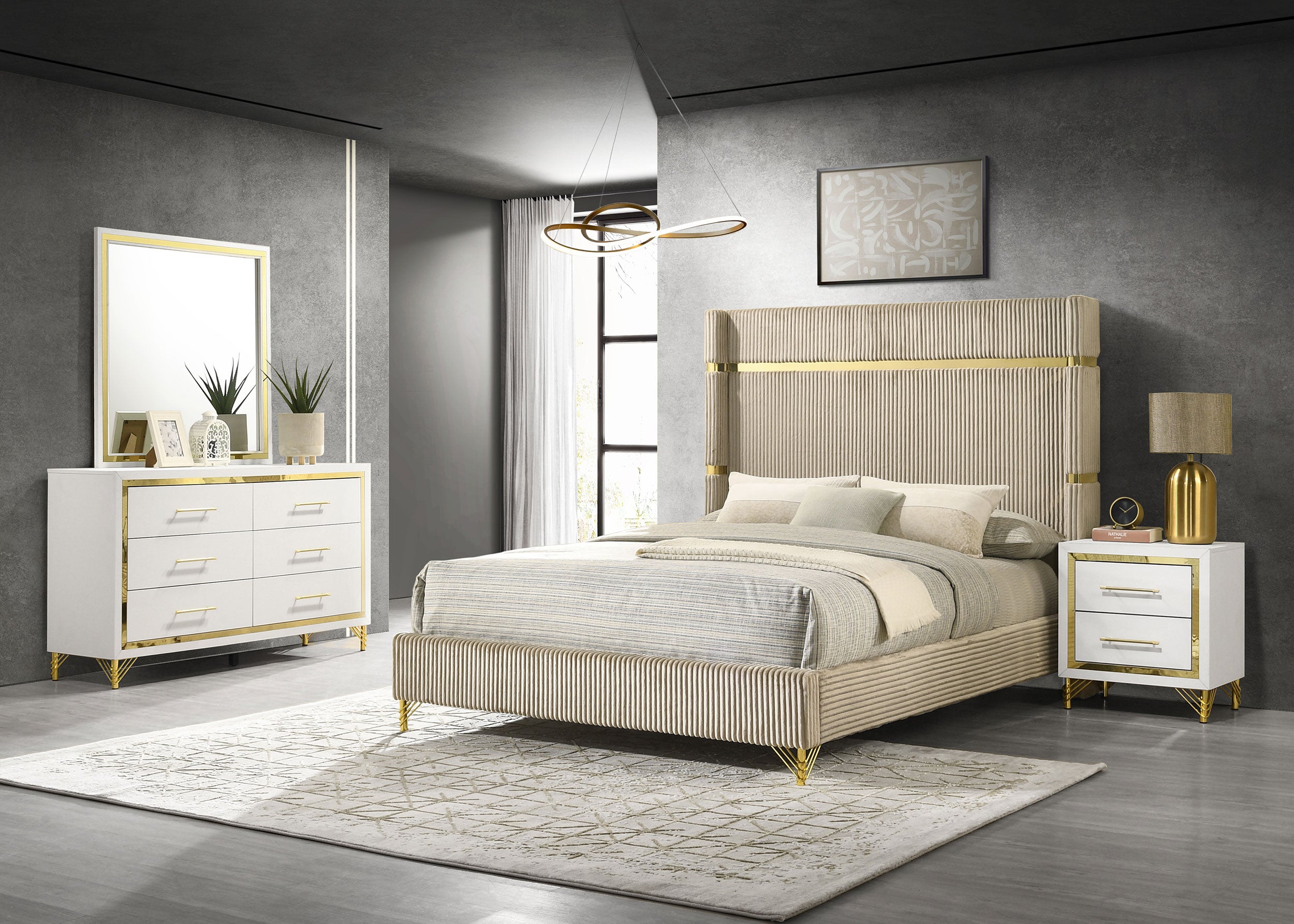 Coaster Lucia Bedroom Set with Upholstered Wingback Panel Bed Beige Eastern King Set of 4