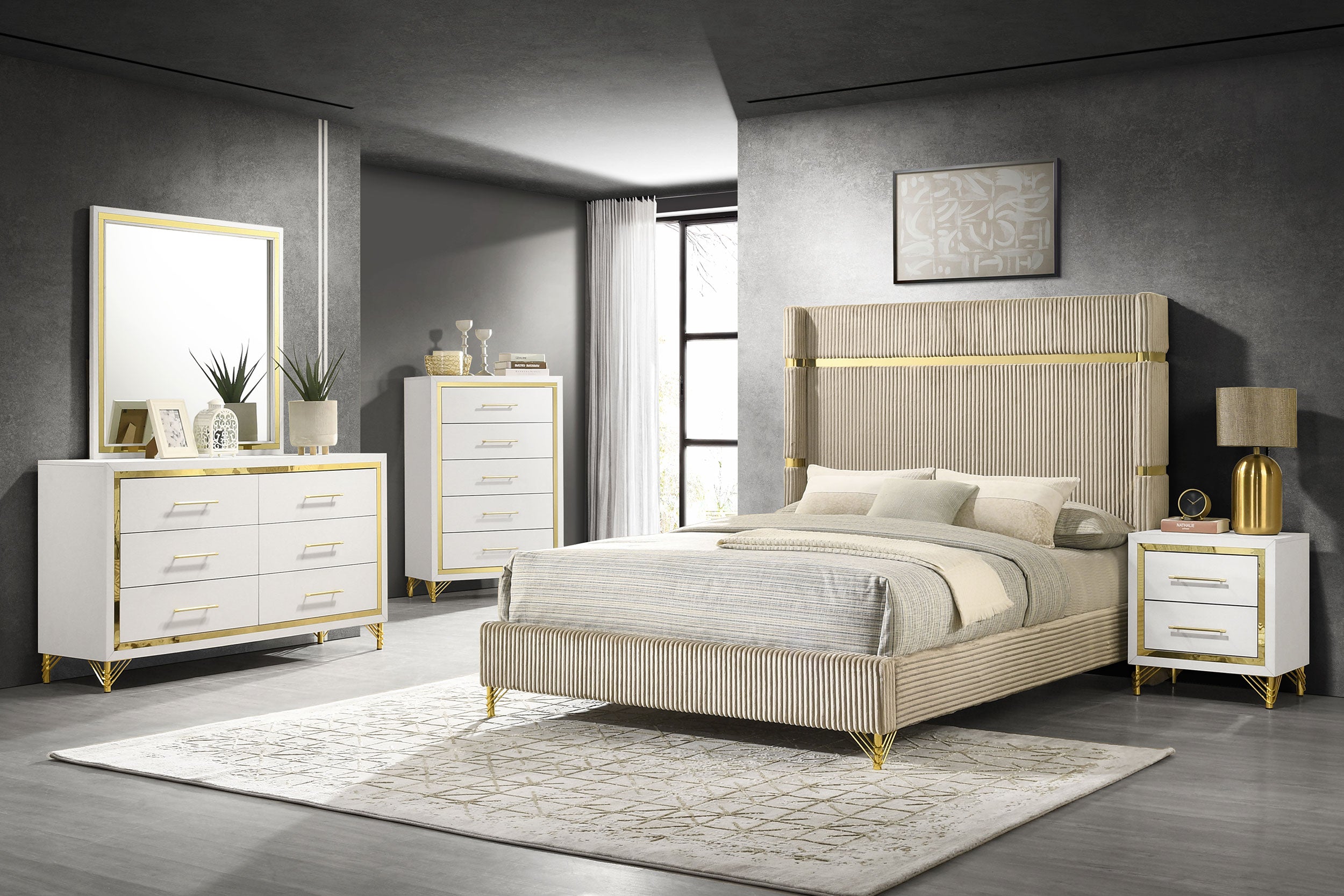 Coaster Lucia Bedroom Set with Upholstered Wingback Panel Bed Beige Eastern King Set of 5