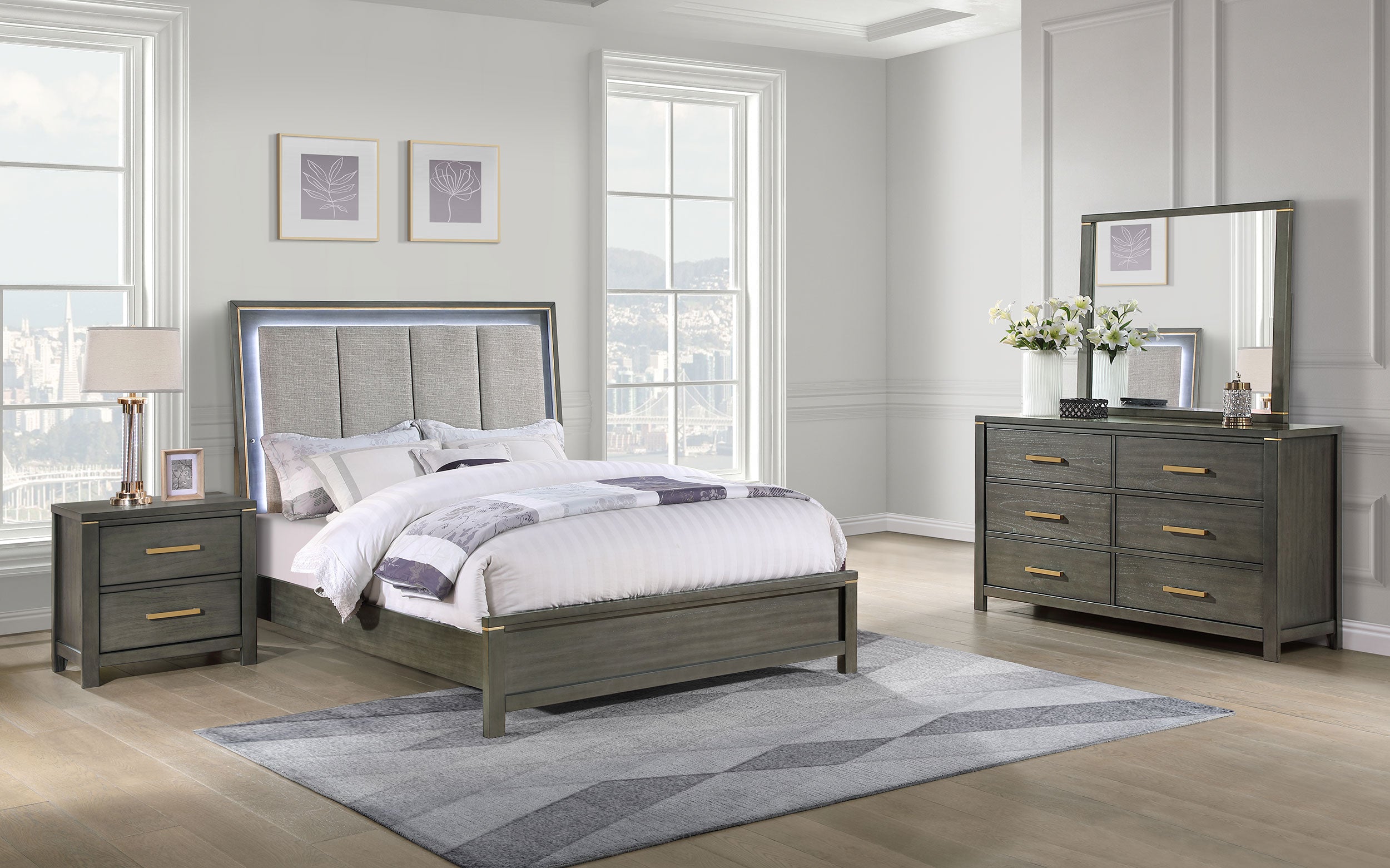 Coaster Kieran Bedroom Set with Upholstered LED Headboard Grey Cal King Set of 5