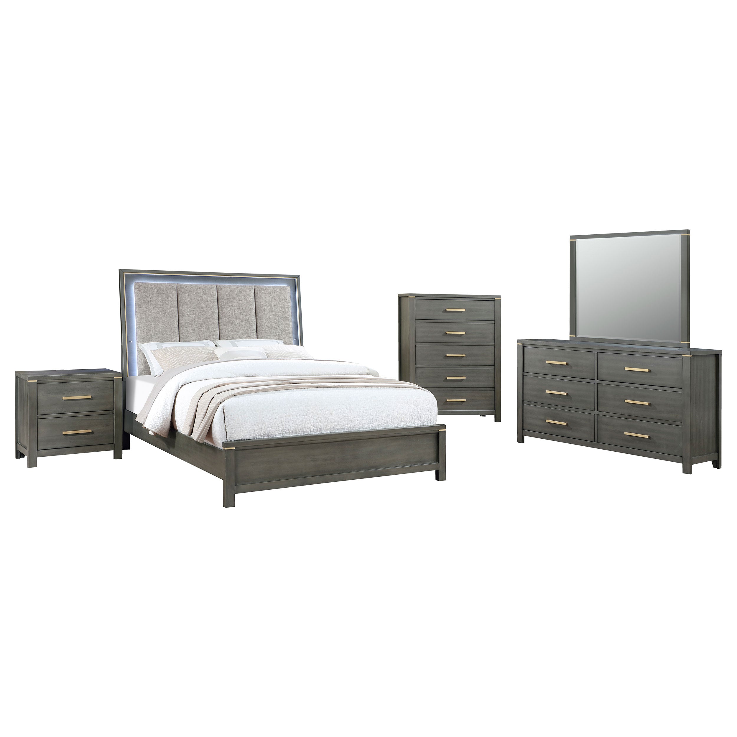 Coaster Kieran Bedroom Set with Upholstered LED Headboard Grey Cal King Set of 5