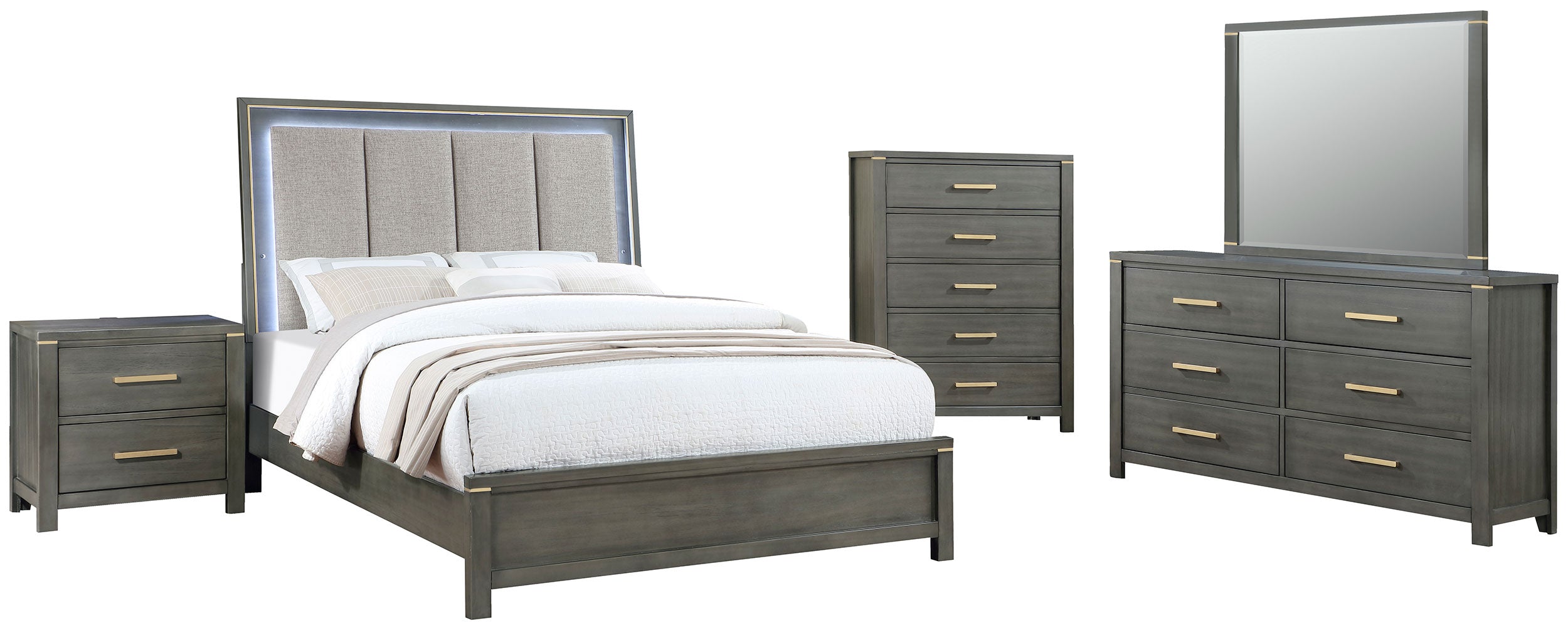 Coaster Kieran Bedroom Set with Upholstered LED Headboard Grey Eastern King Set of 5