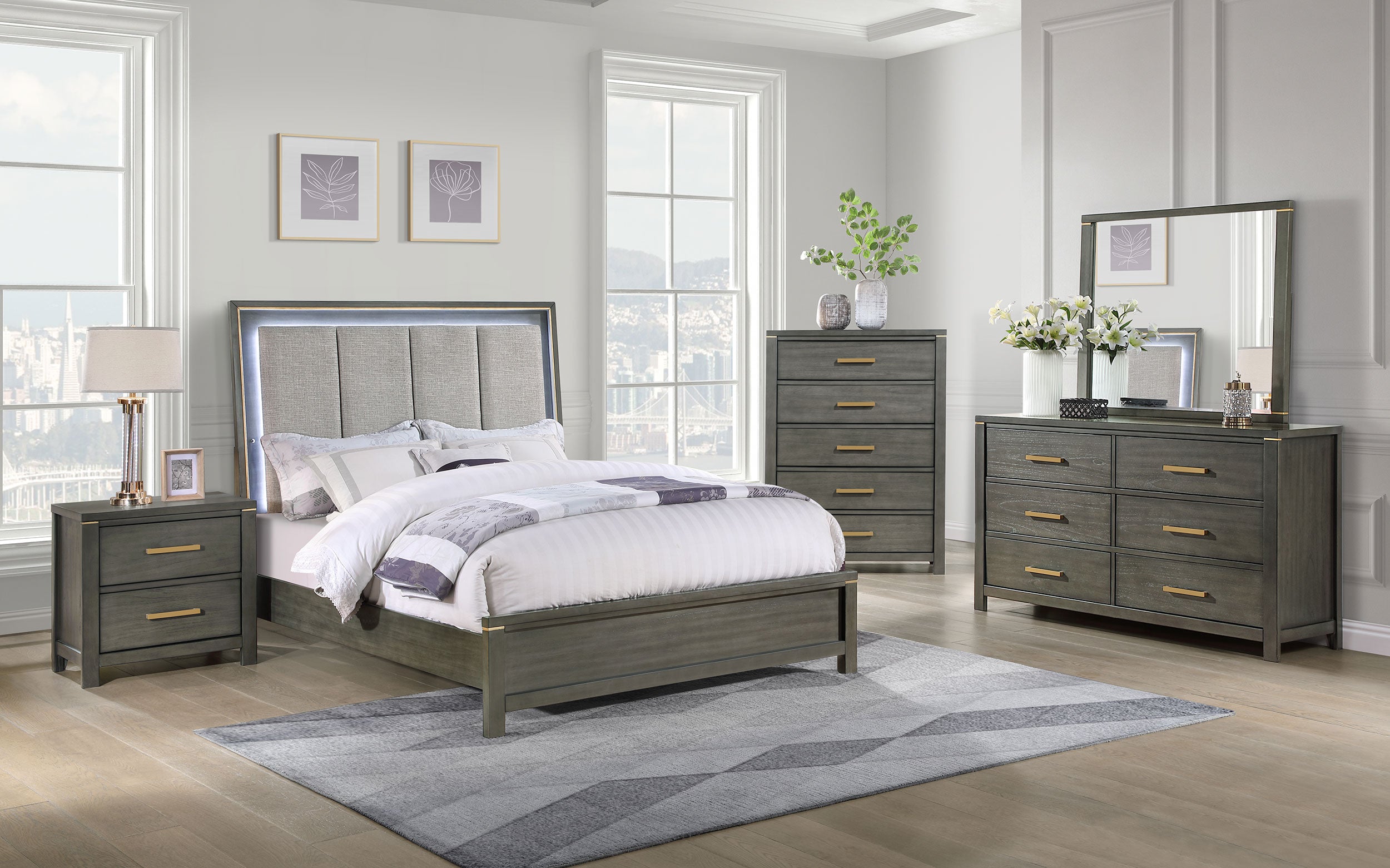 Coaster Kieran Panel Bed with Upholstered LED Headboard Grey Cal King