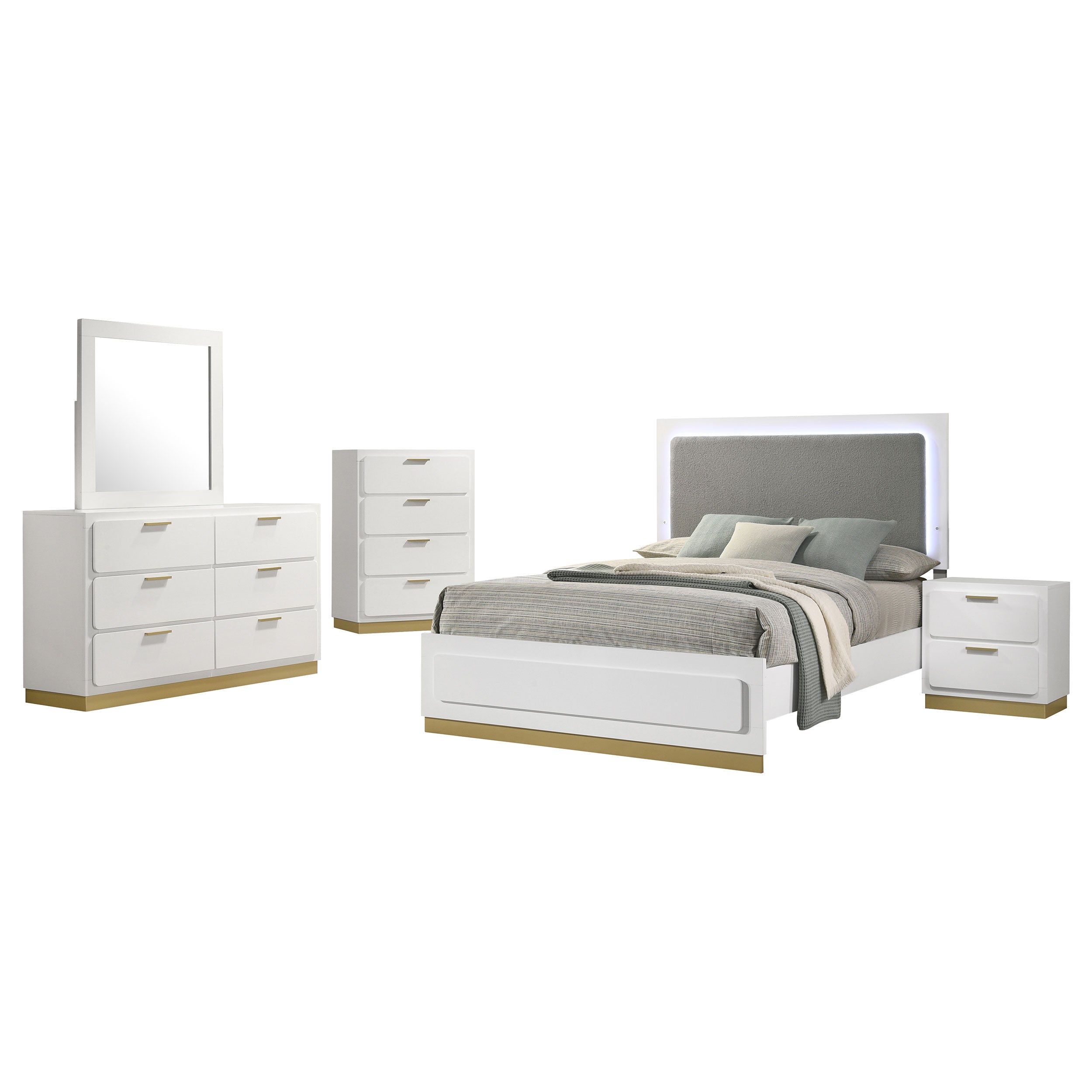 Coaster Caraway Bedroom Set with LED Headboard White and Grey Eastern King Set of 5