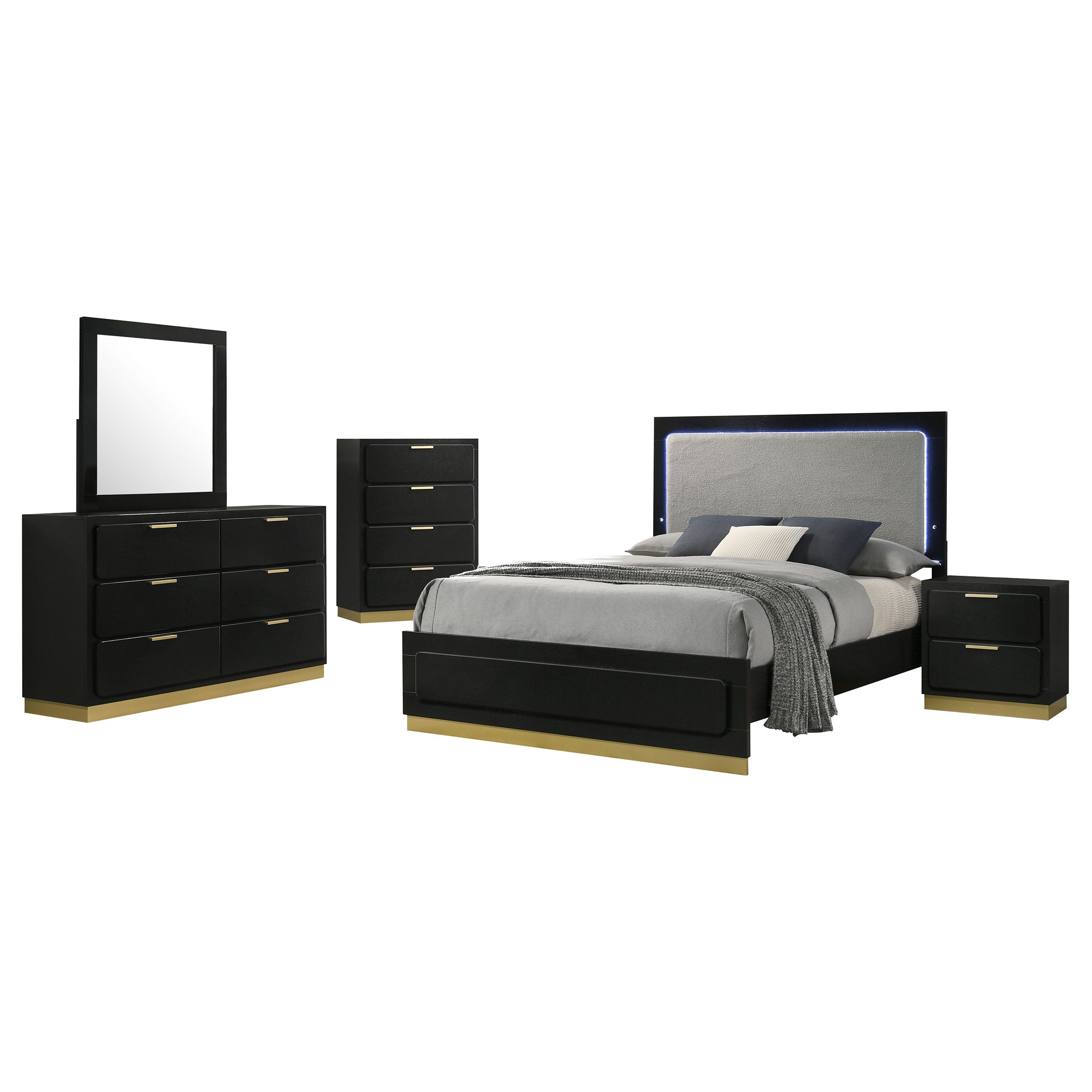 Coaster Caraway Bedroom Set with LED Headboard Black and Grey Eastern King Set of 5