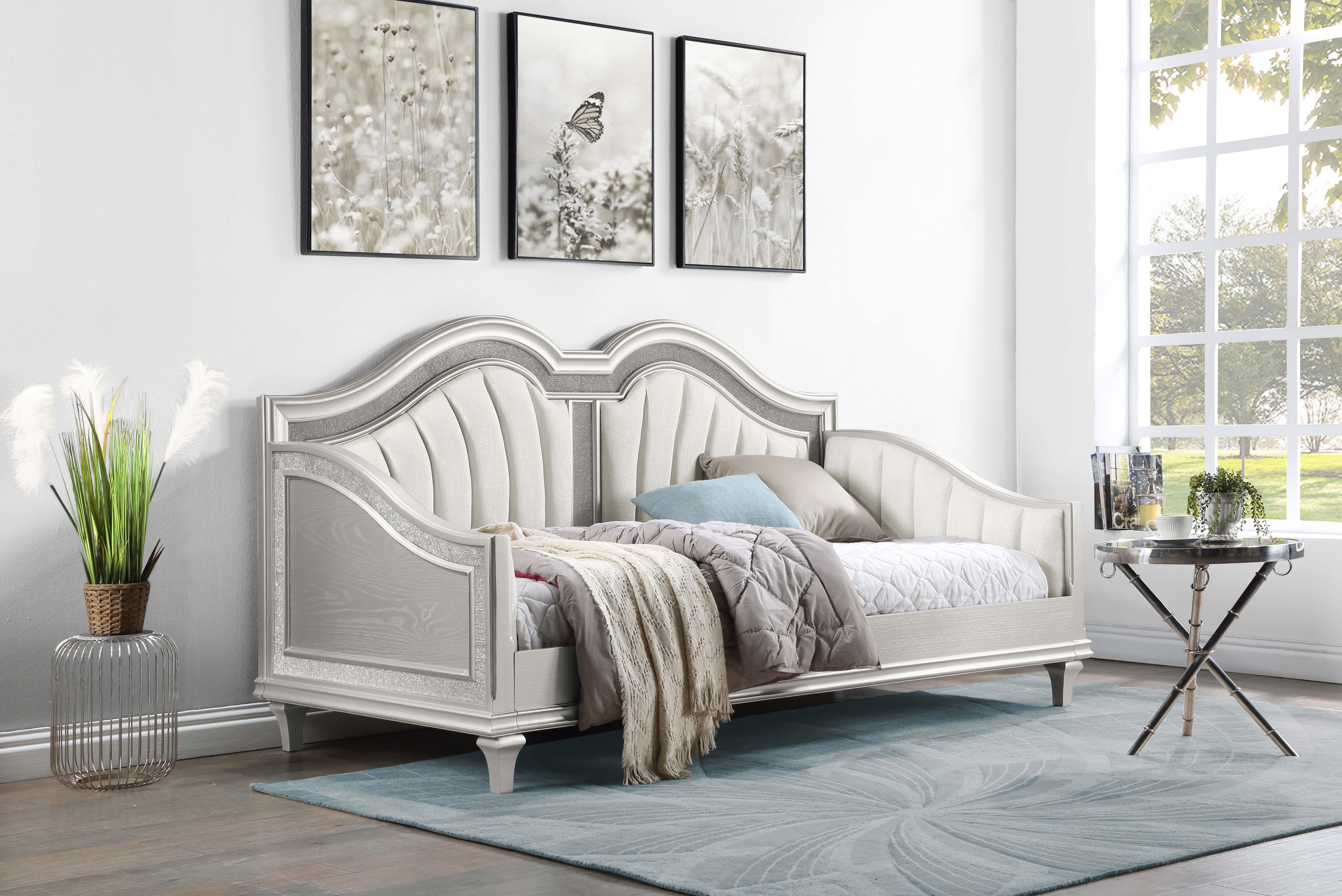 Coaster Evangeline Upholstered Twin Daybed with Faux Diamond Trim Silver and Ivory Default Title