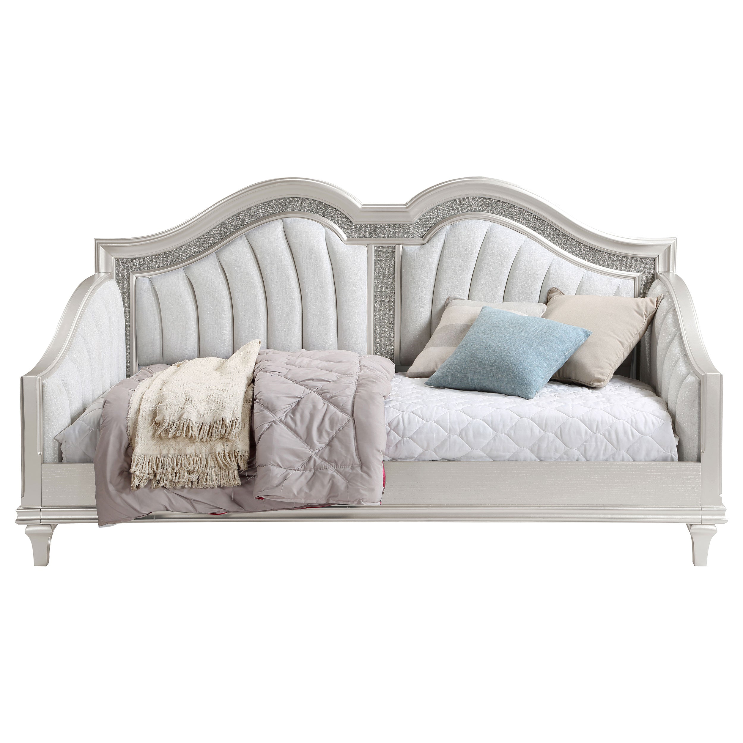 Coaster Evangeline Upholstered Twin Daybed with Faux Diamond Trim Silver and Ivory Default Title