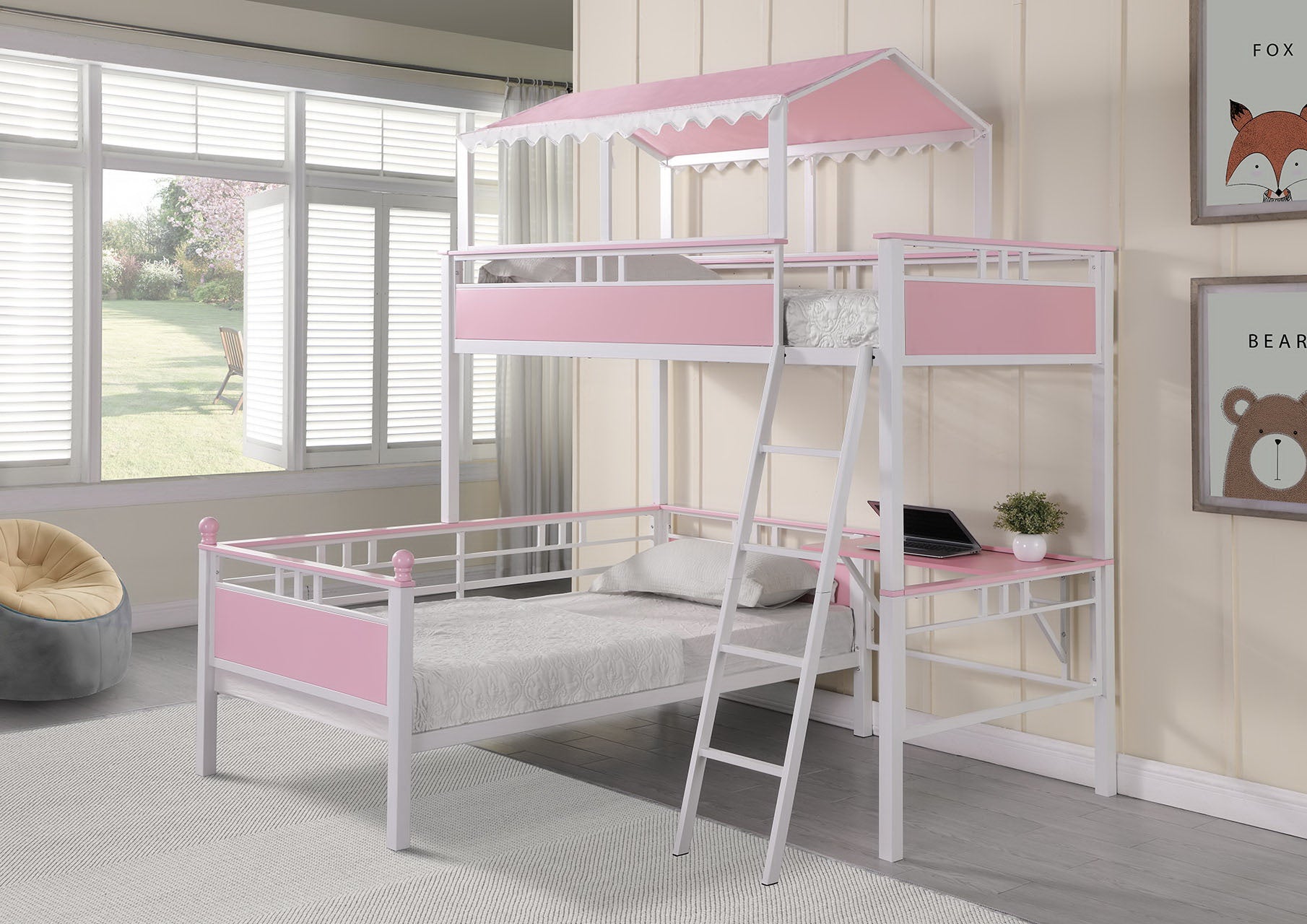 Coaster Alexia Twin over Twin Workstation Bunk Bed Pink and White Default Title