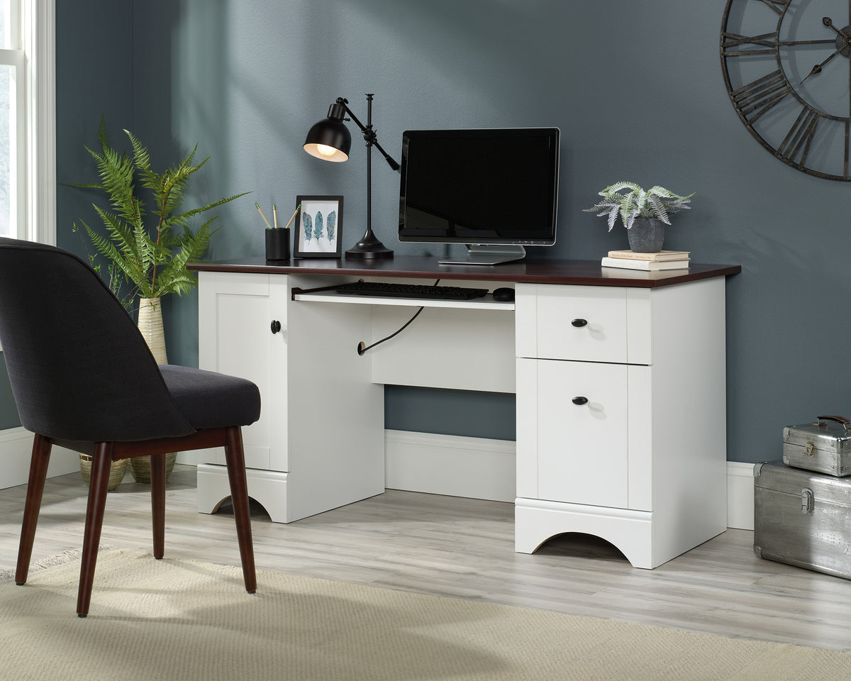 Sauder Select White Home Office Desk with Cherry Accent Top