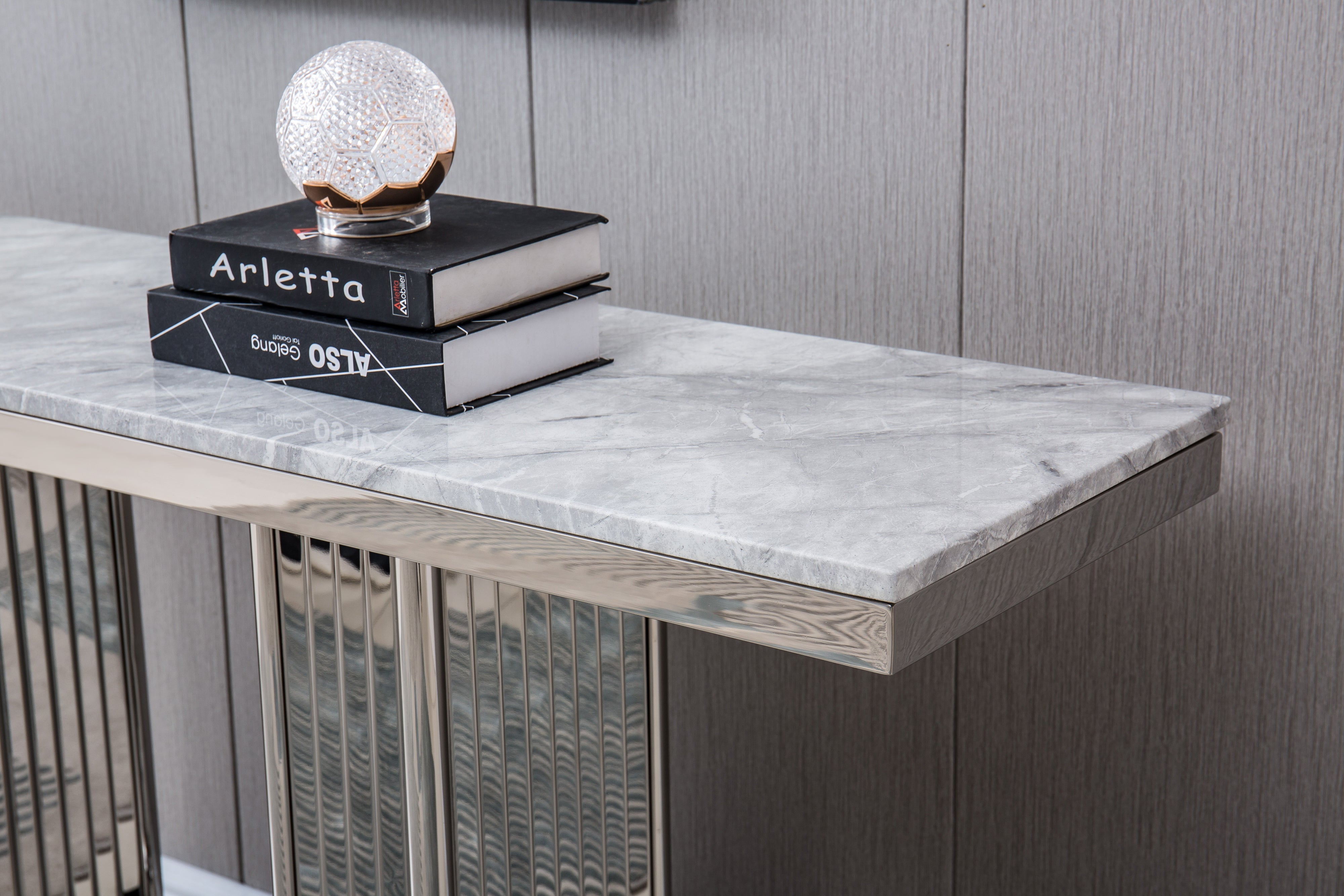 Artisan Gartenbush Sofa Table Grey Marble Silver Finish