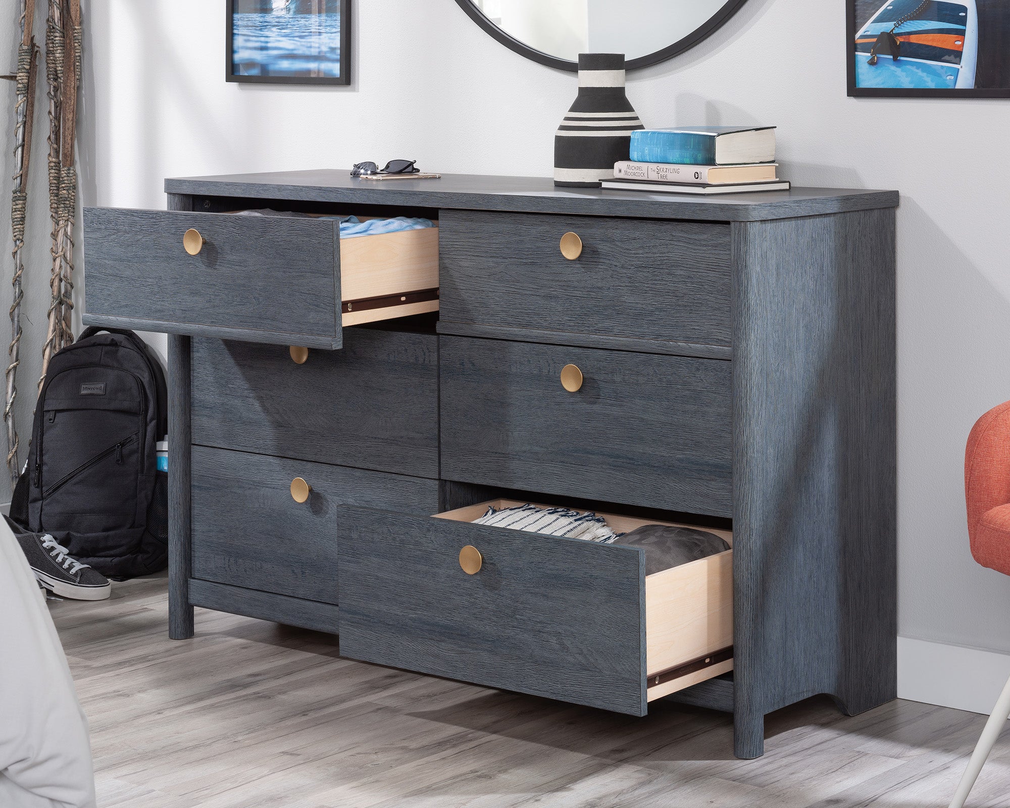 Dover Edge  6-Drawer Bedroom Dresser in Denim Oak