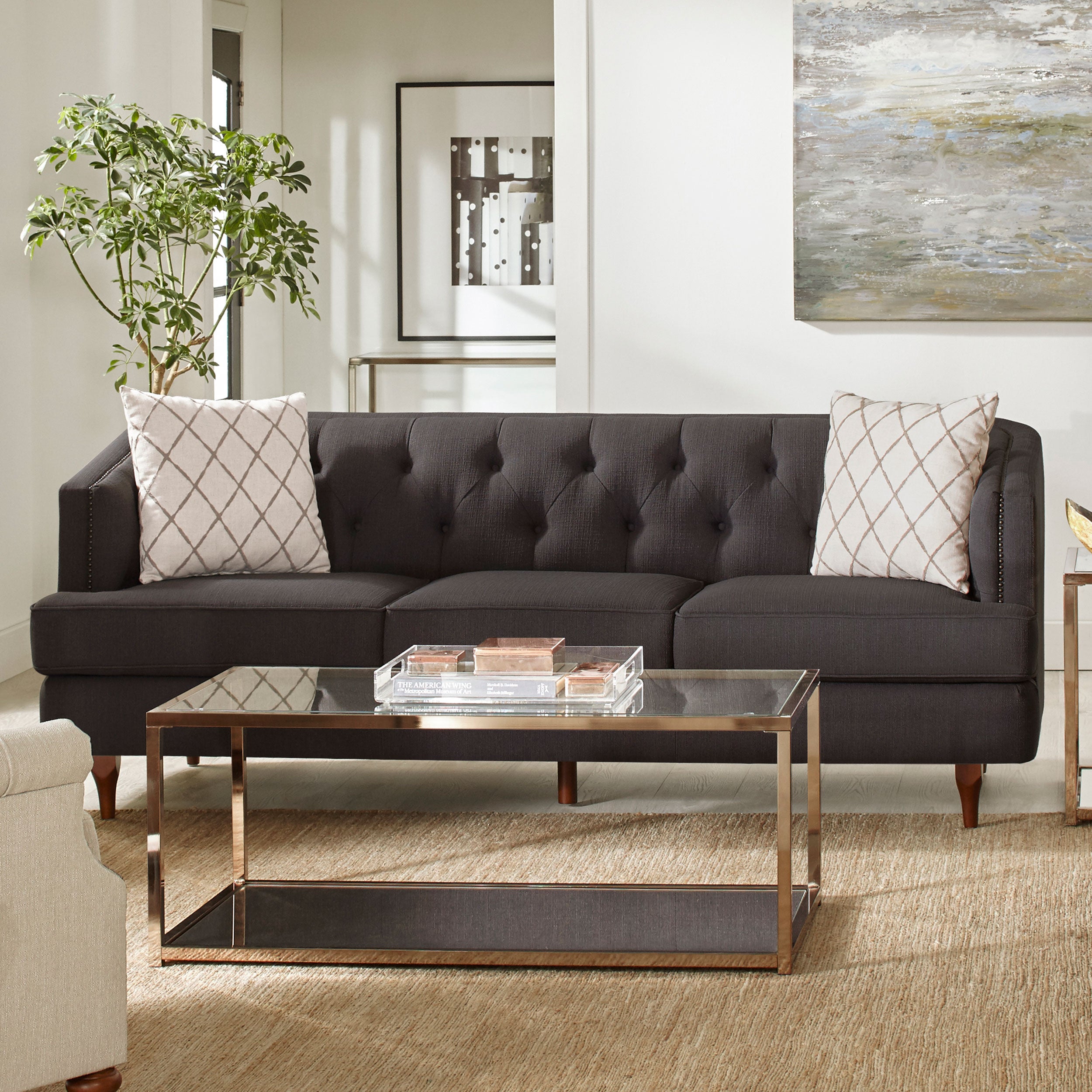 Coaster Shelby Recessed Arms and Tufted Tight Back Sofa Grey and Brown Default Title