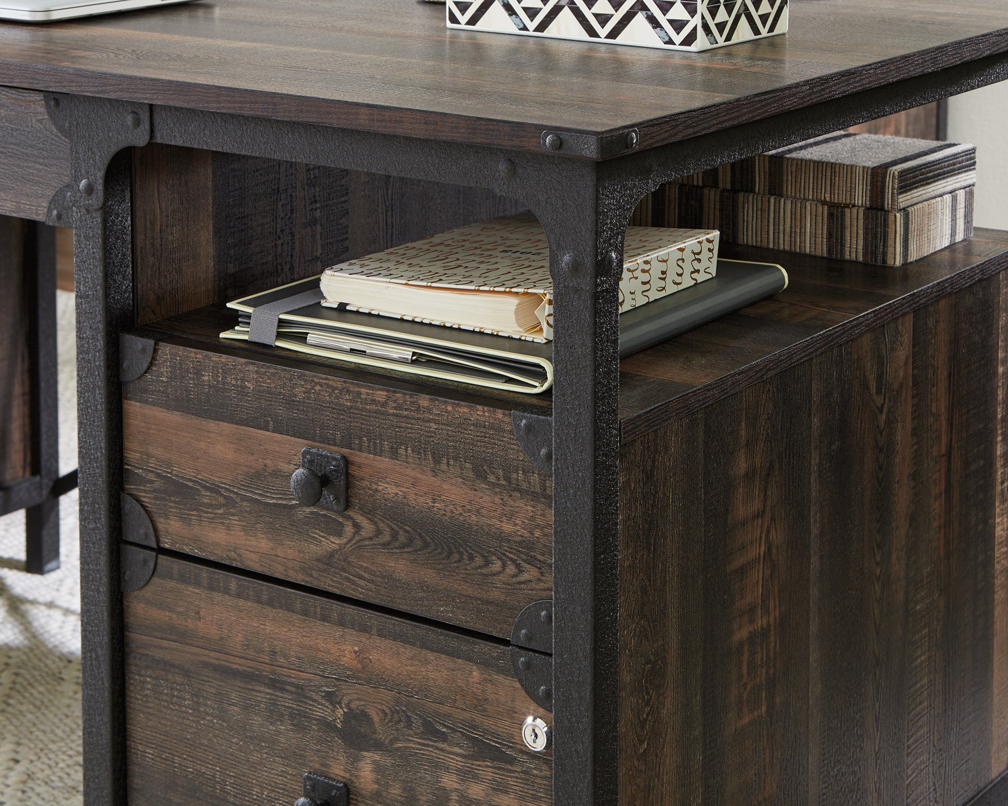 Steel River  Industrial Desk with Drawers in Carbon Oak