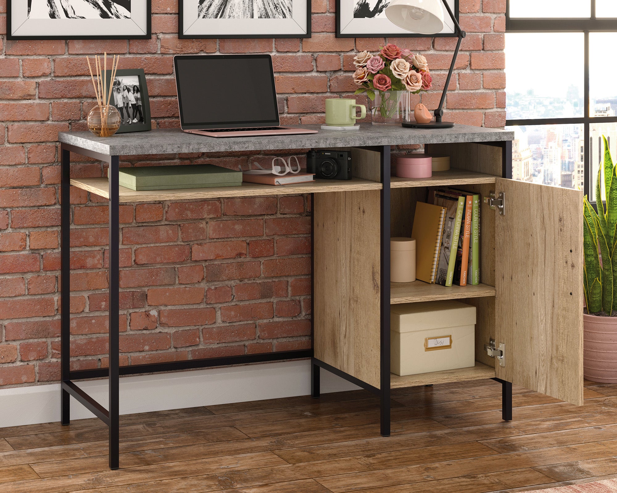 Market Commons  Single Pedestal Desk in Prime Oak