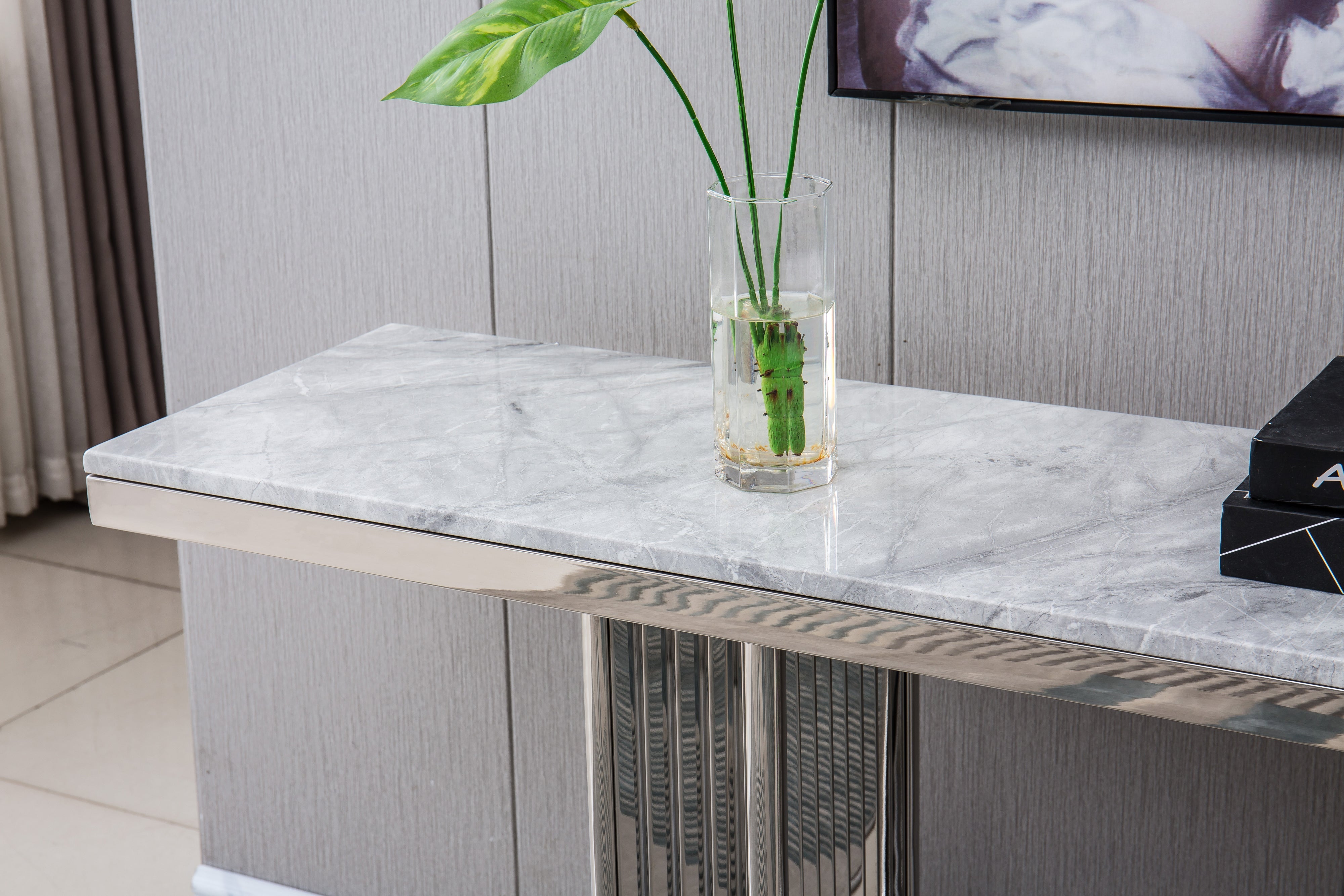 Artisan Gartenbush Sofa Table Grey Marble Silver Finish