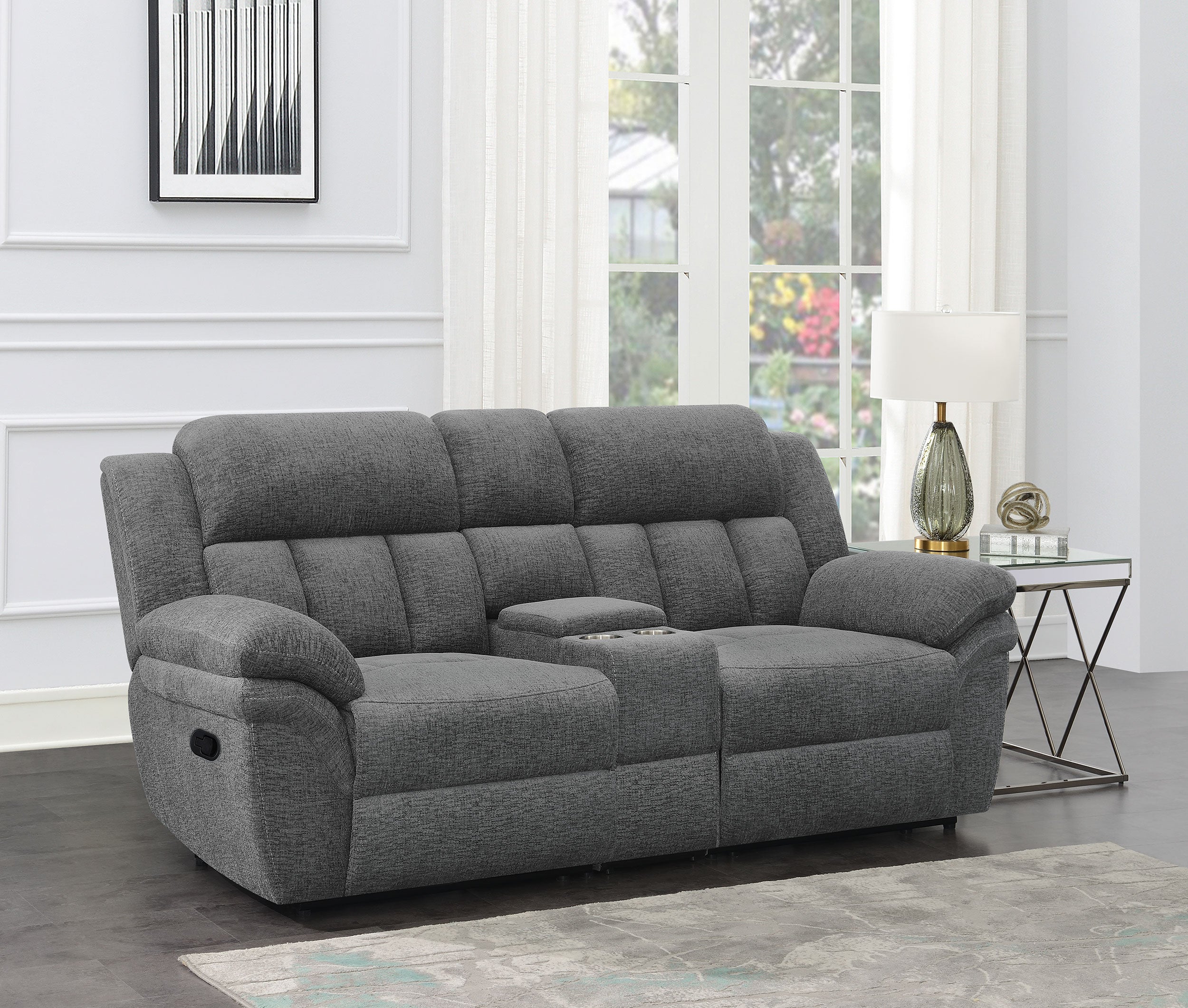 Coaster Bahrain Upholstered Motion Loveseat with Console Charcoal Default Title