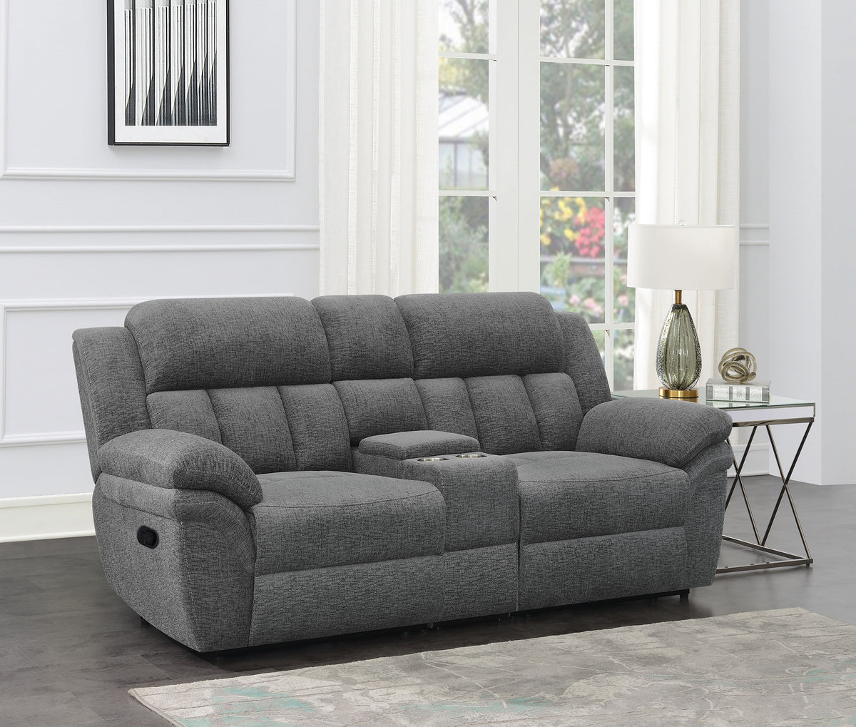 Coaster Bahrain Upholstered Motion Loveseat with Console Charcoal Default Title